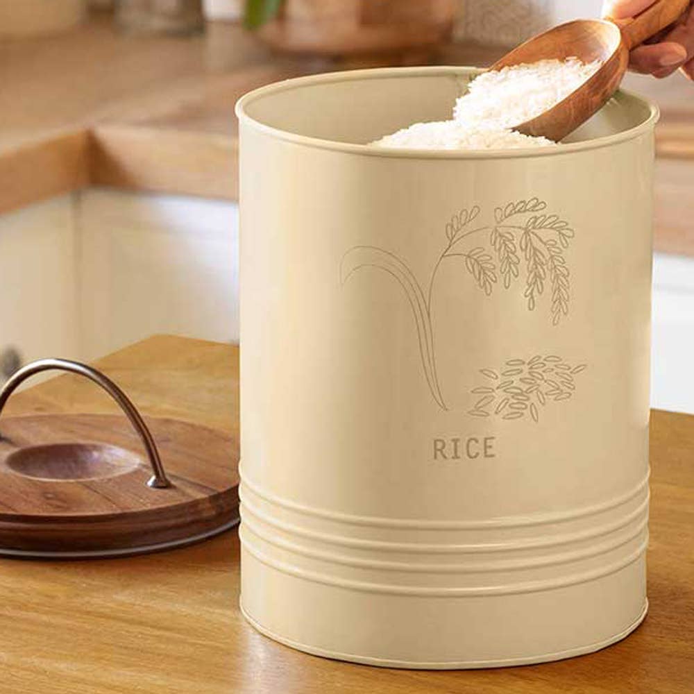 Metal Rice Storage Barrel with Wooden Lid - Sleek &#x26; Durable Kitchen Canister-8.6X8.6X11&#x22;