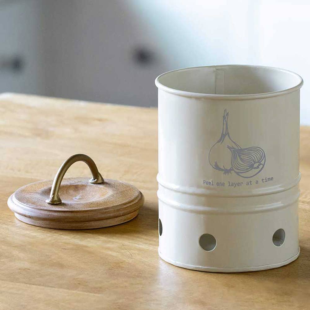 Metal Onion Storage Bin with Wooden Lid - Stylish and Durable Kitchen Storage Solution-5.5X5.5X8.9&#x22;