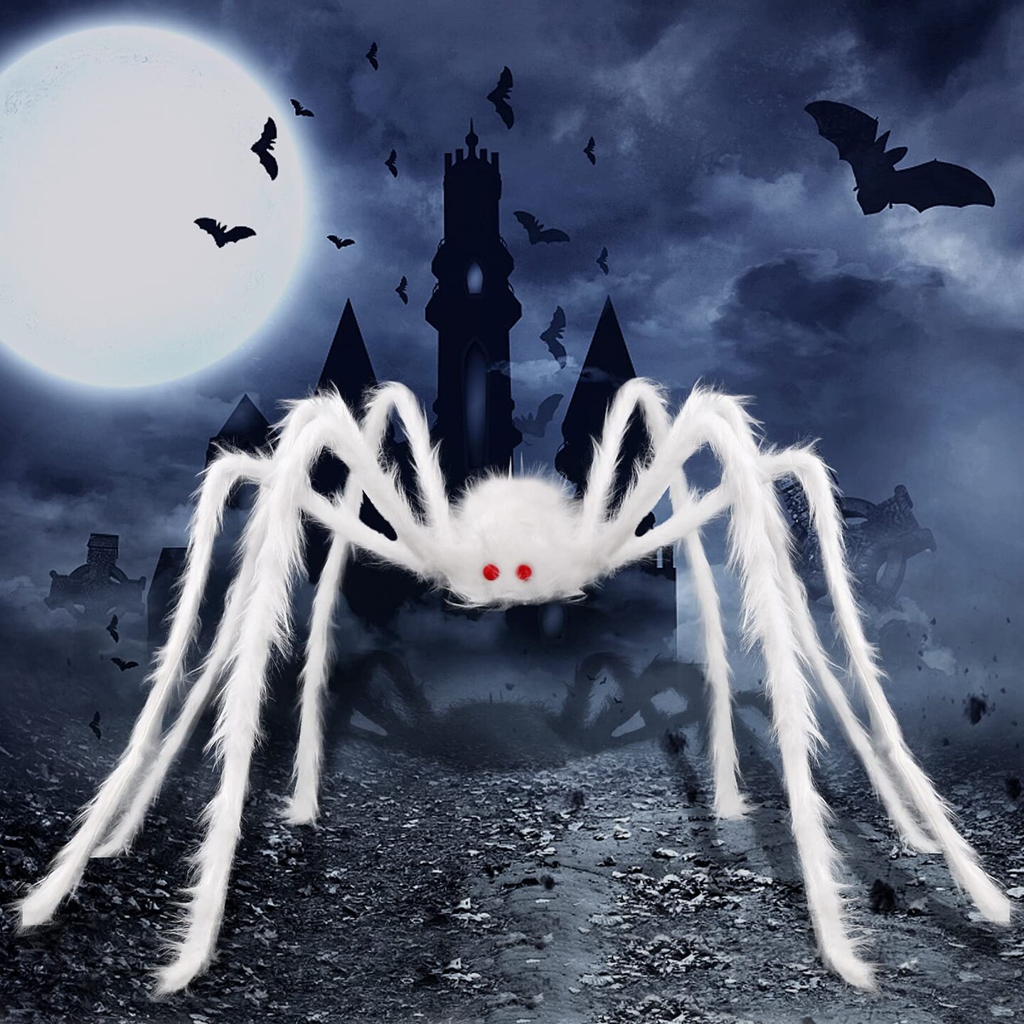 59'' Giant Halloween Hairy Spider,Realistic Scary White Spider Props Decoration for Indoor and Outdoor Decoration