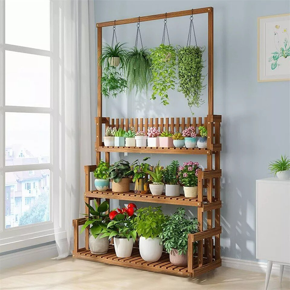 3 Tier Plant Shelf Hanging Bar Plant Stand Flower Rack for Garden Patio Balcony