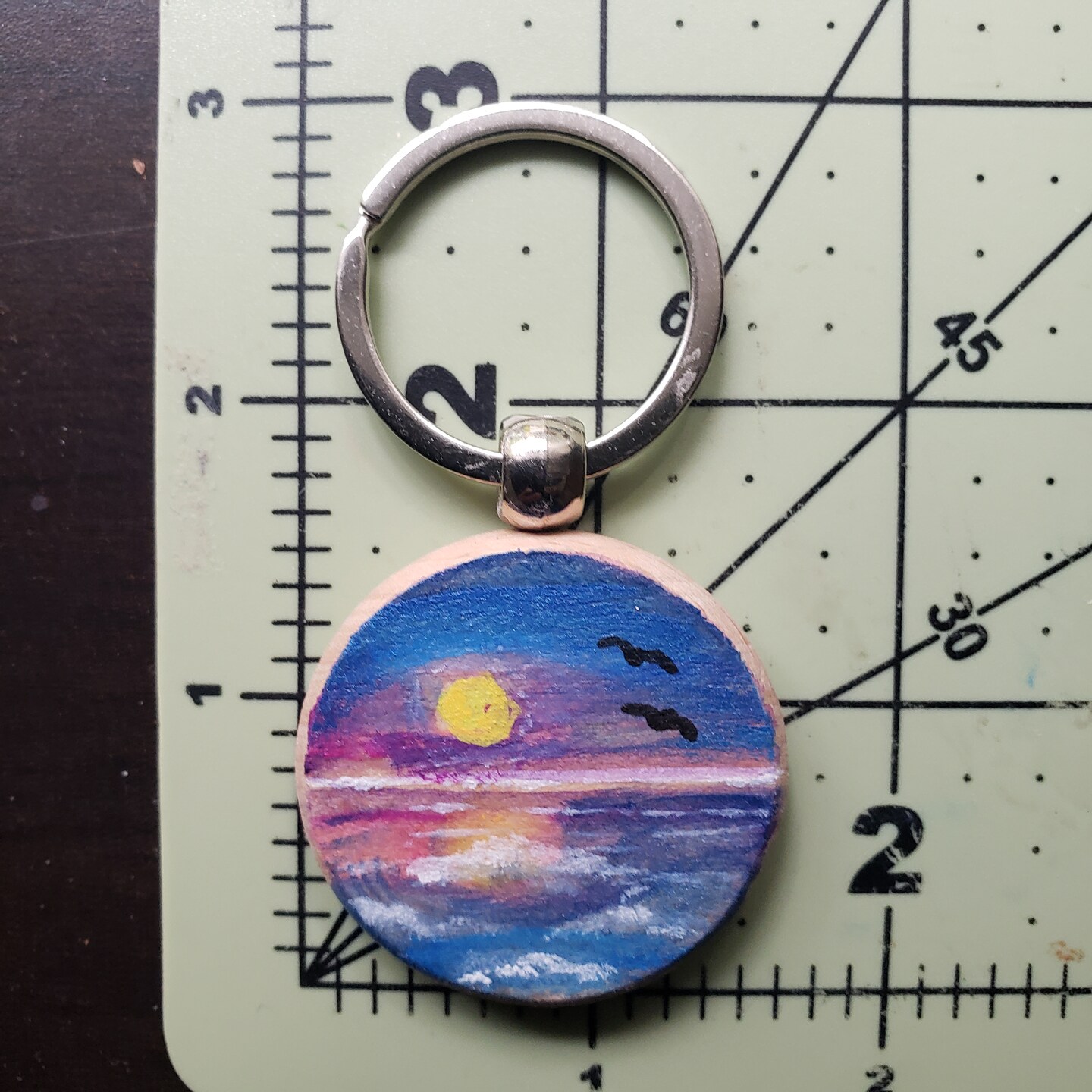 Hand painted wooden keychain - Purple Sky Sunset and Ocean