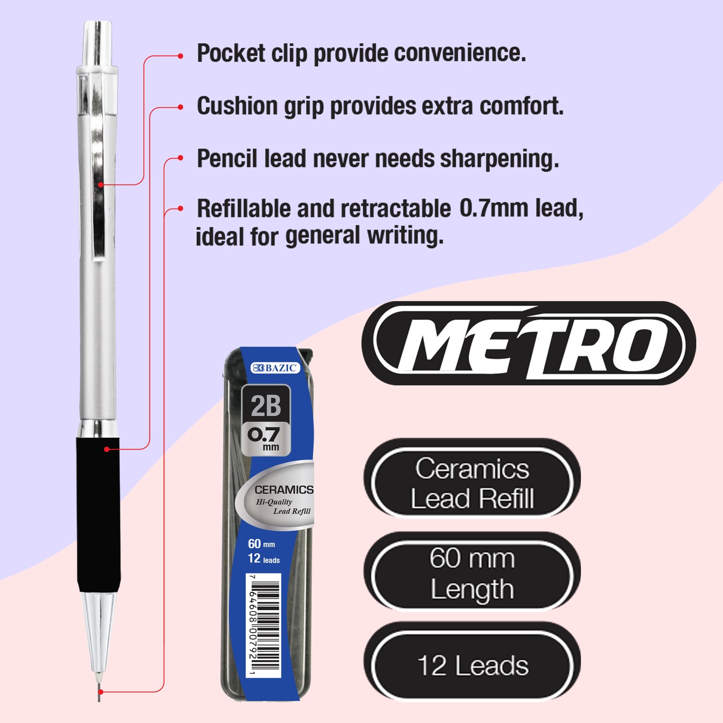 BAZIC 0.7 mm Metro Mechanical Pencil w/ Ceramics High-Quality Lead