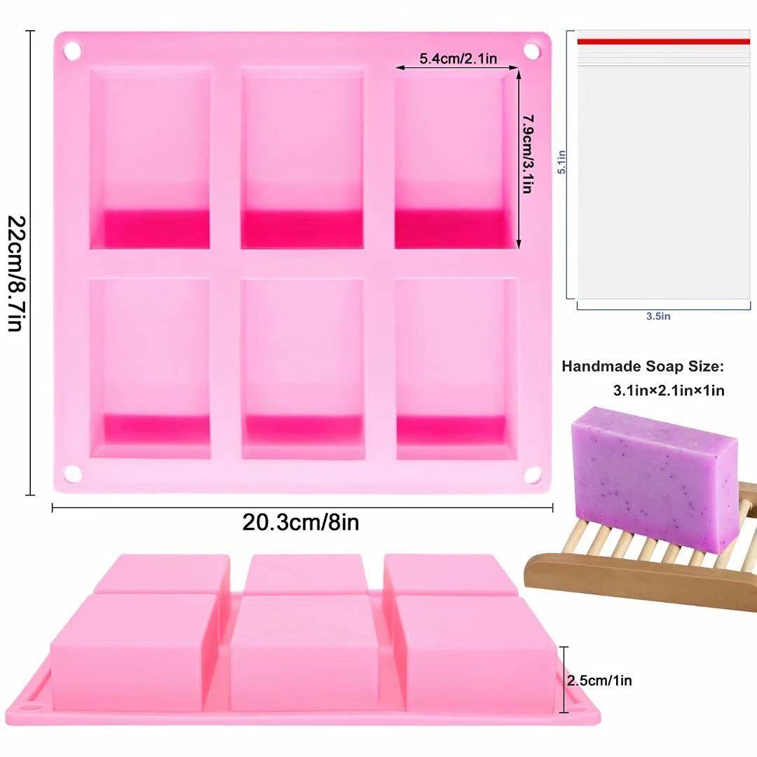 4 Pcs Silicone Soap Molds,Rectangle Soap Mold,6 Cavities Silicone Molds for Craft Soap Making,Cake Chocolate Mold,with 100pcs 3.5x5 inches Bags