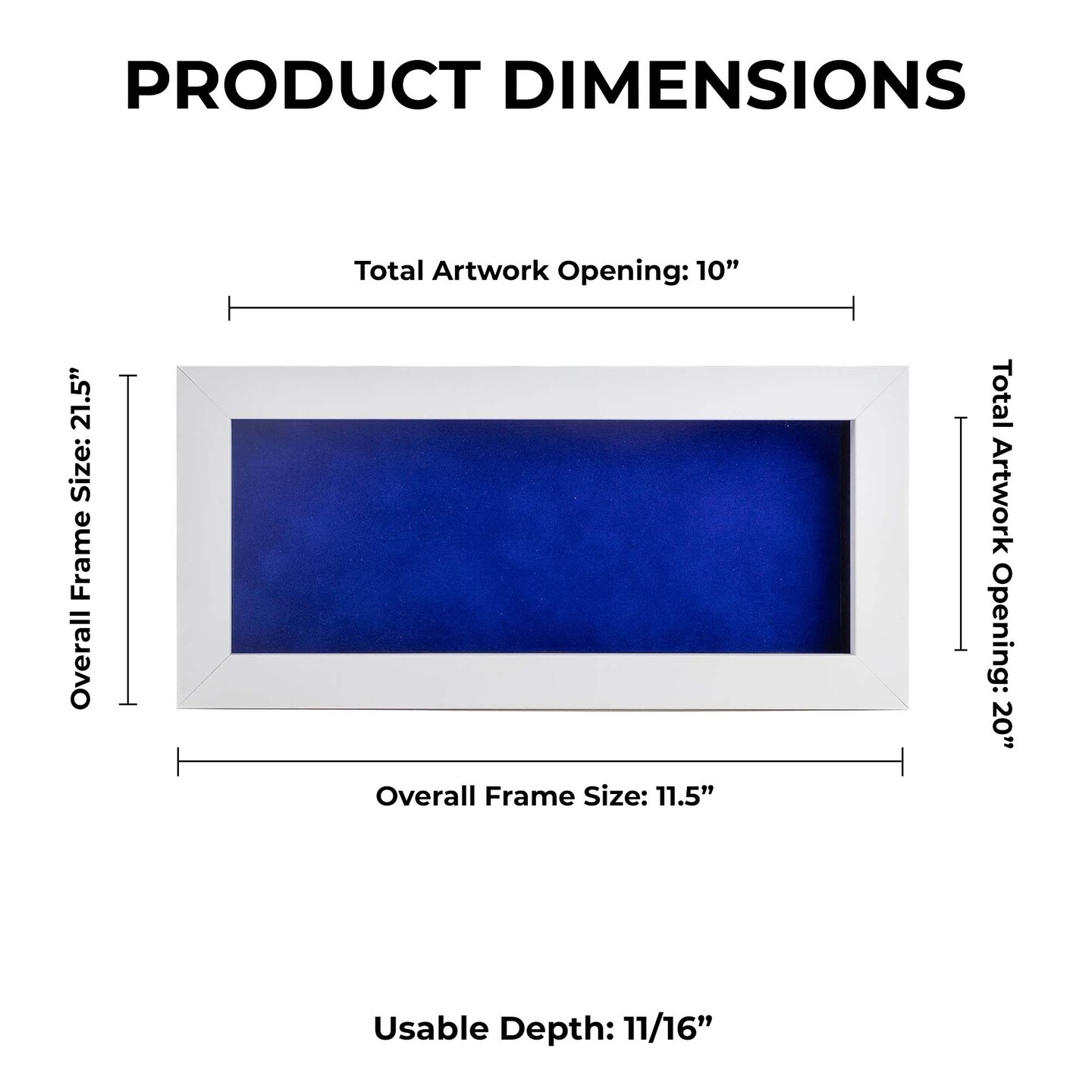 Classic White Wood Shadown Box Frame with Acrylic Front - Royal Blue Suede Backing, 30 Sizes