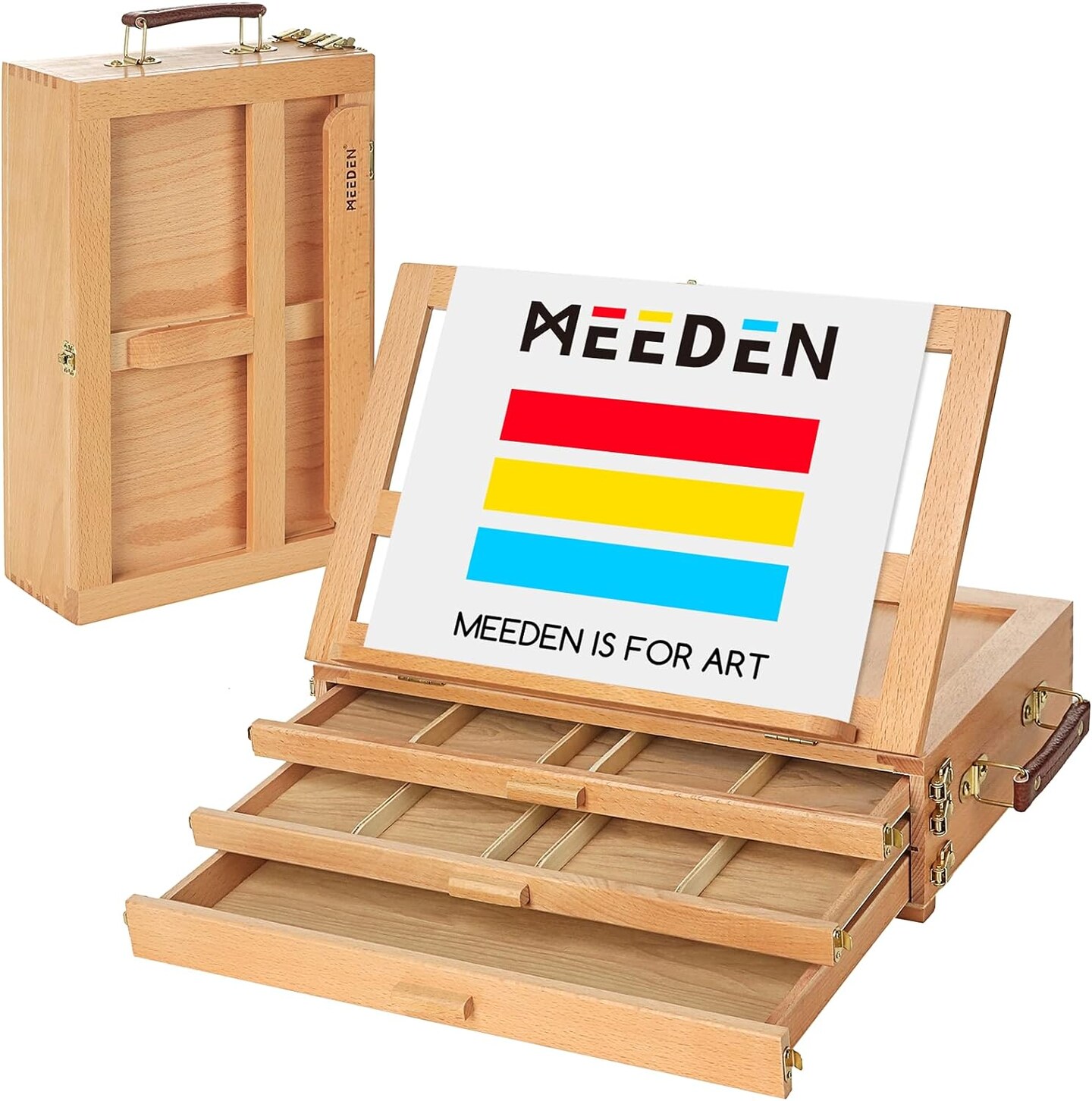 MEEDEN Large Adjustable Artist Tabletop Sketchbox Easel- Multi-Function Solid Beech Wood Storage Box Easel with 3-Drawer for Artist, Art Students &#x26; Beginners