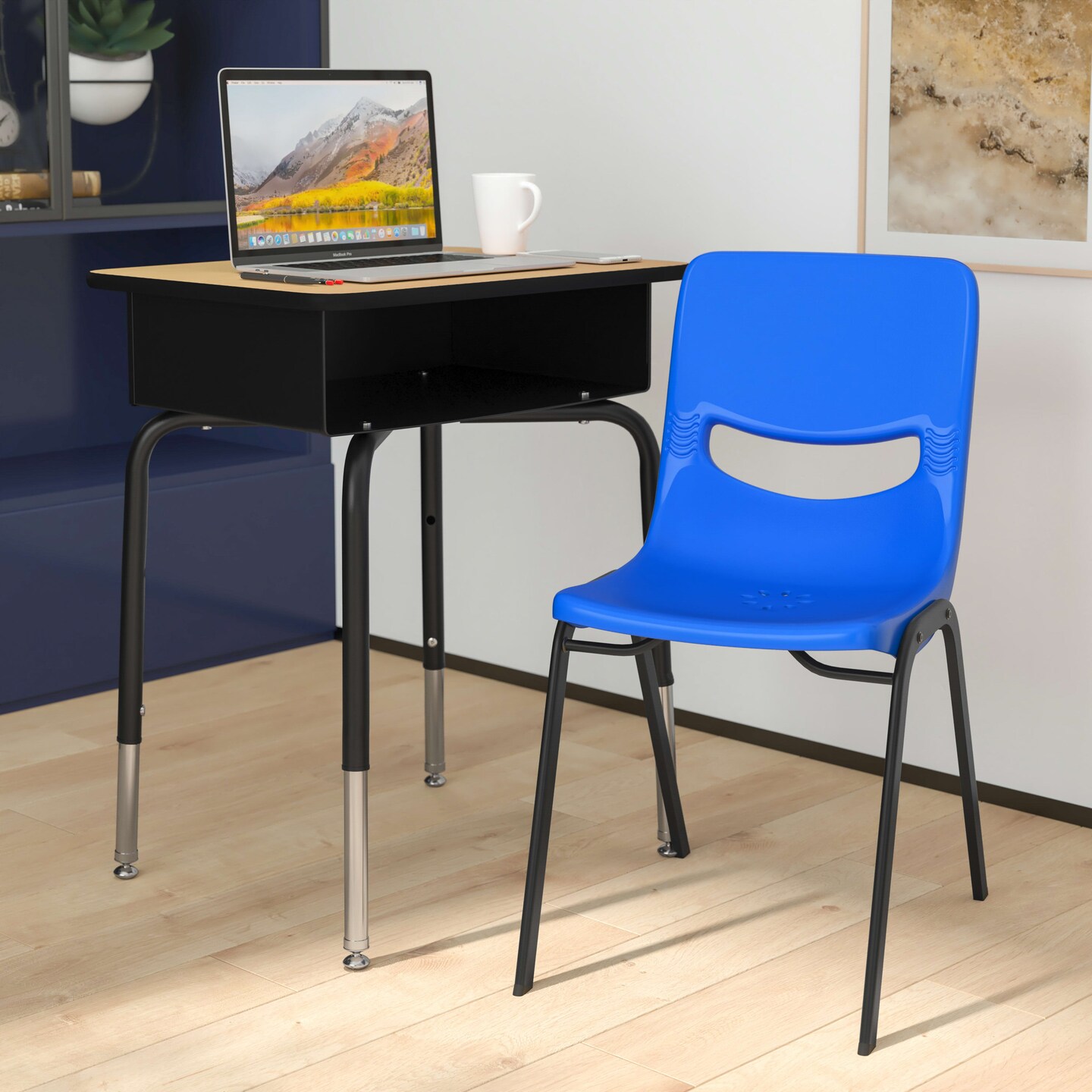 Emma and Oliver Jacobs Desk/Chair Set with Metal Open Front Storage Box, Desktop, Metal Frame and Stackable Flex Comfort Classroom Chair