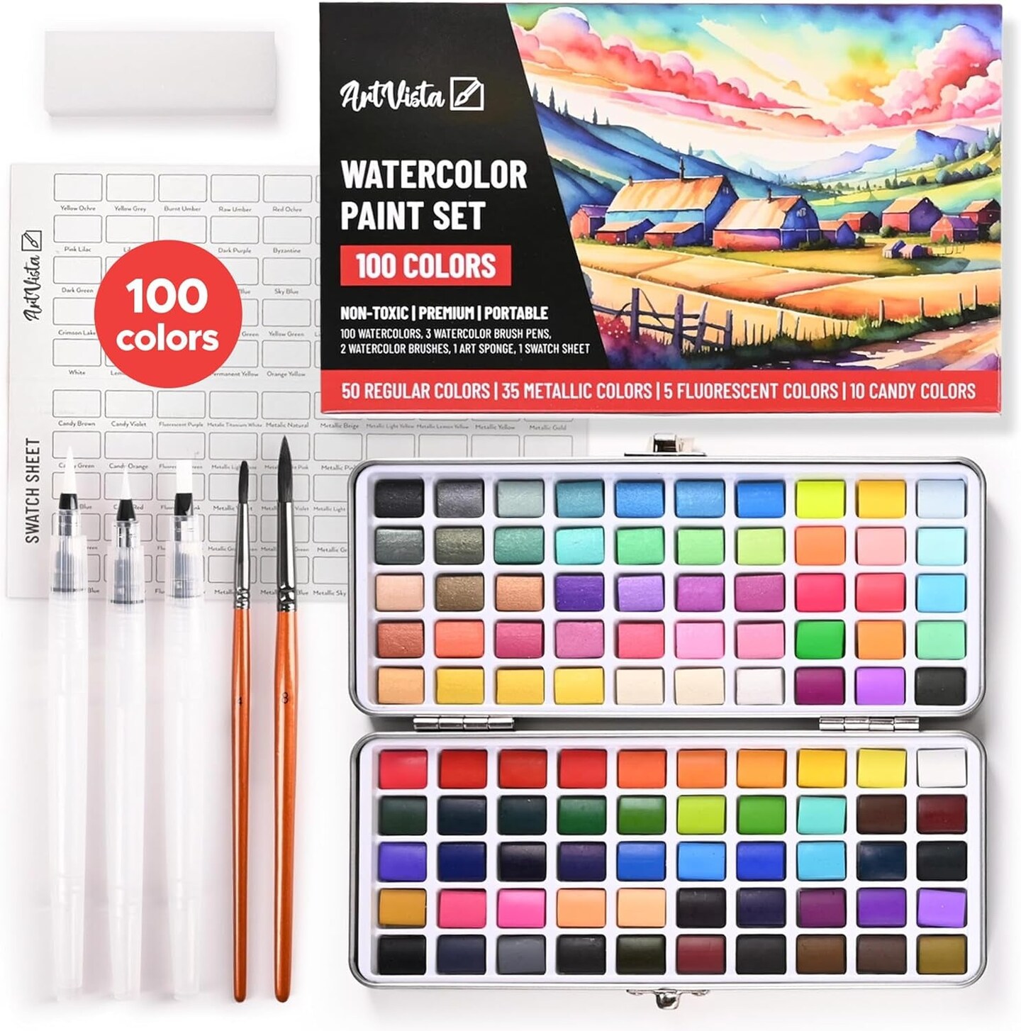 Loomini; Watercolor Paint Set with 100 Bright Colors: for Adult Beginners & Professional with Metallic - Travel Sized Water Color Art Kit Palette; Category:Paint; Image:1