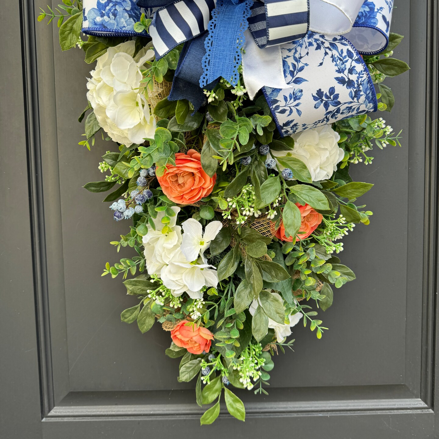 Blue and Coral Hydrangea Floral Wreath Swag, Spring and Summer