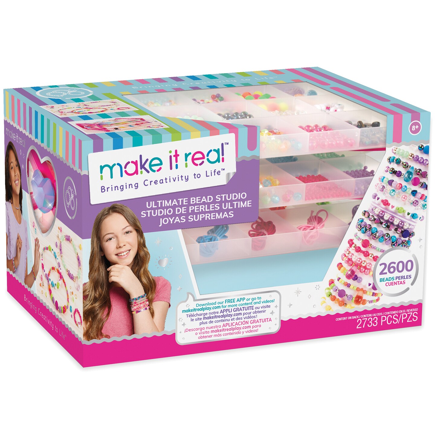 Make It Real: Ultimate Bead Studio - 2733 Pieces, Includes Beads Cord &#x26; Jump Rings, Organizer With 3 Trays, Bead Storage, Jewelry Kit, Make Bracelets Necklaces &#x26; More, Kids Ages 8+