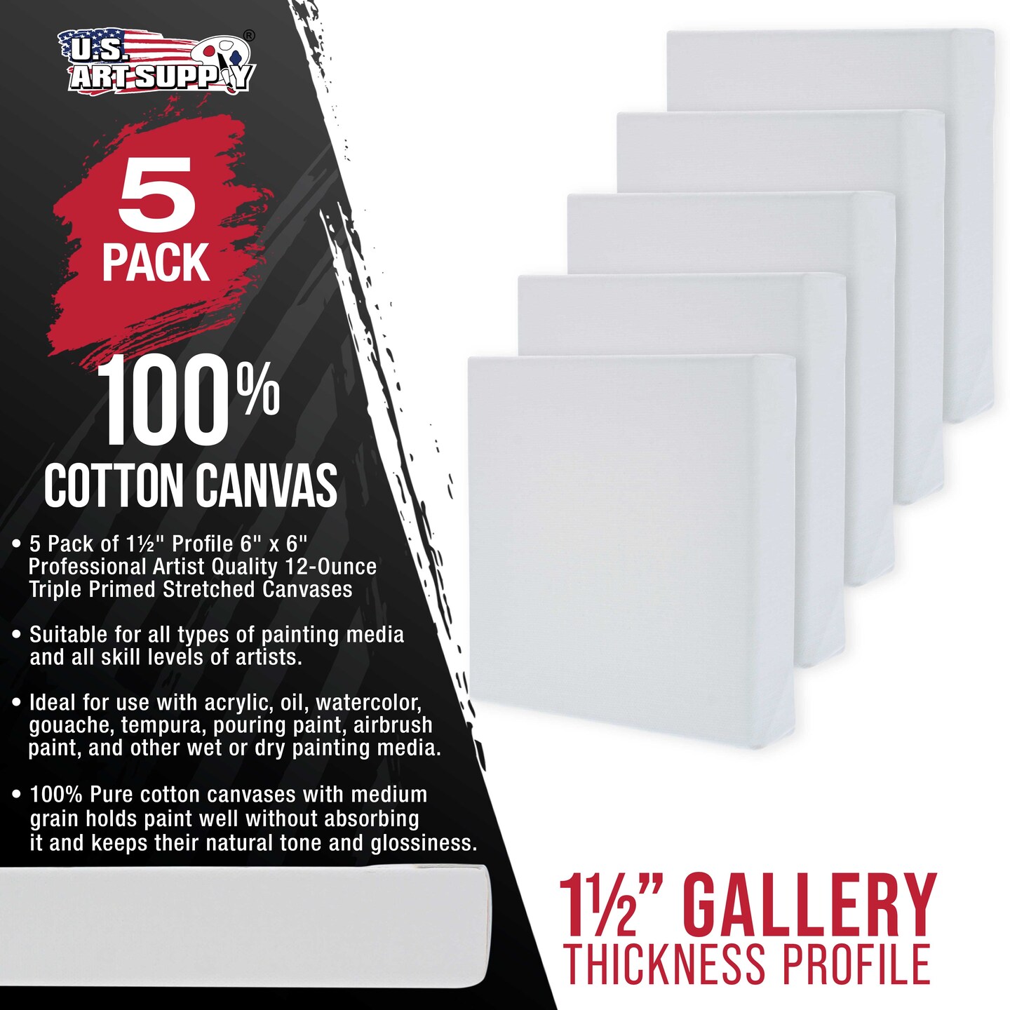 6 x 6 inch Gallery Depth 1-1/2&#x22; Profile Stretched Canvas, 5-Pack - 12-Ounce Acrylic Gesso Triple Primed, - Professional Artist Quality, 100% Cotton