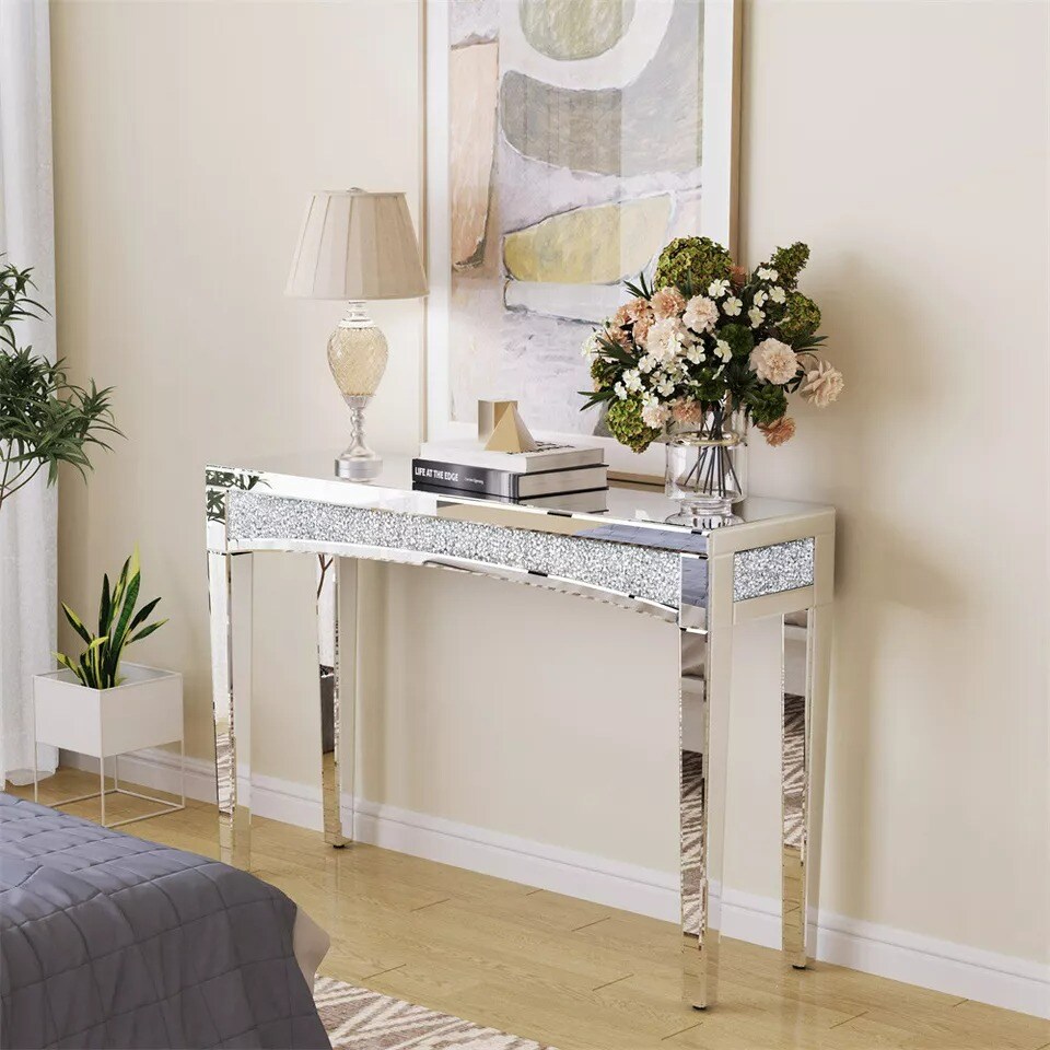 Heavy Duty Mirrored Console Table Diamond Vanity Dresser Desk Silver Glass Shelf