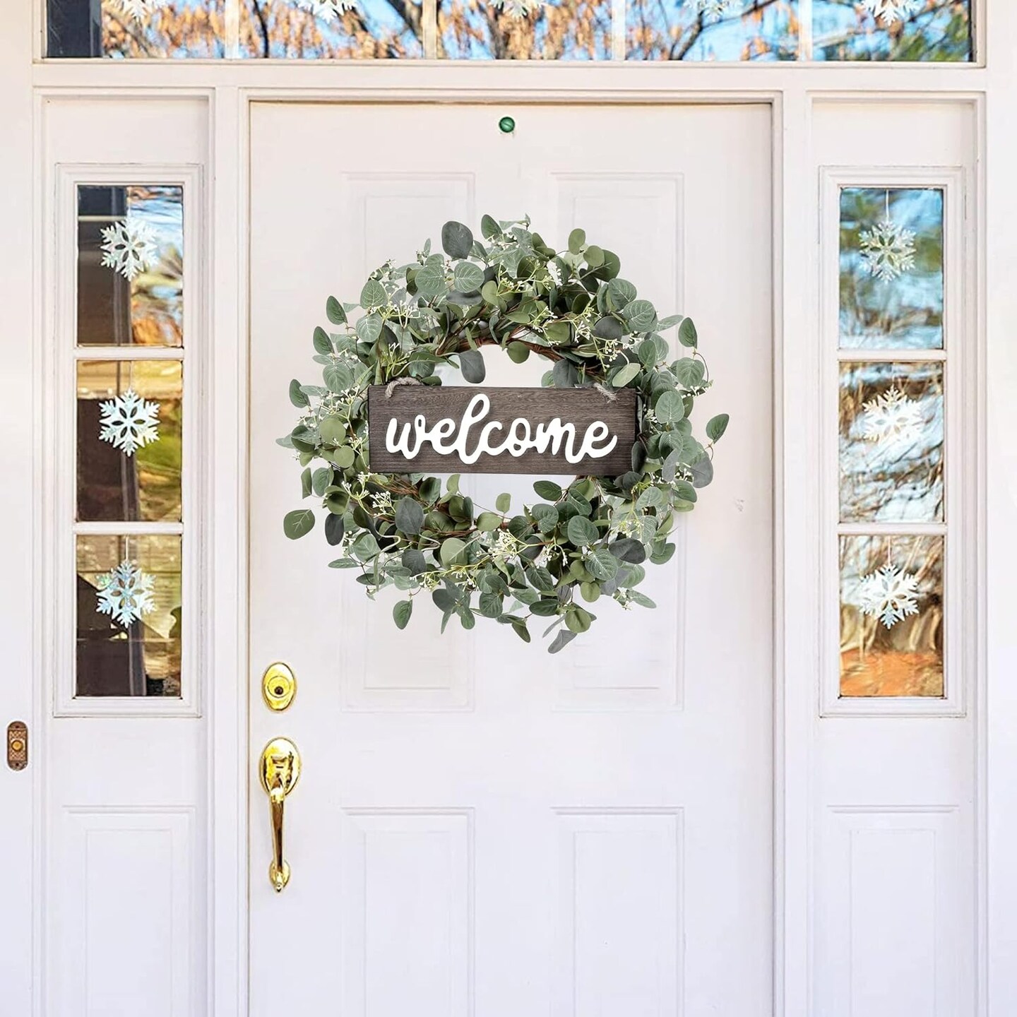 20-inch Green Eucalyptus Wreath with &#x22;Welcome&#x22; Sign &#x2013; Front Door Decor