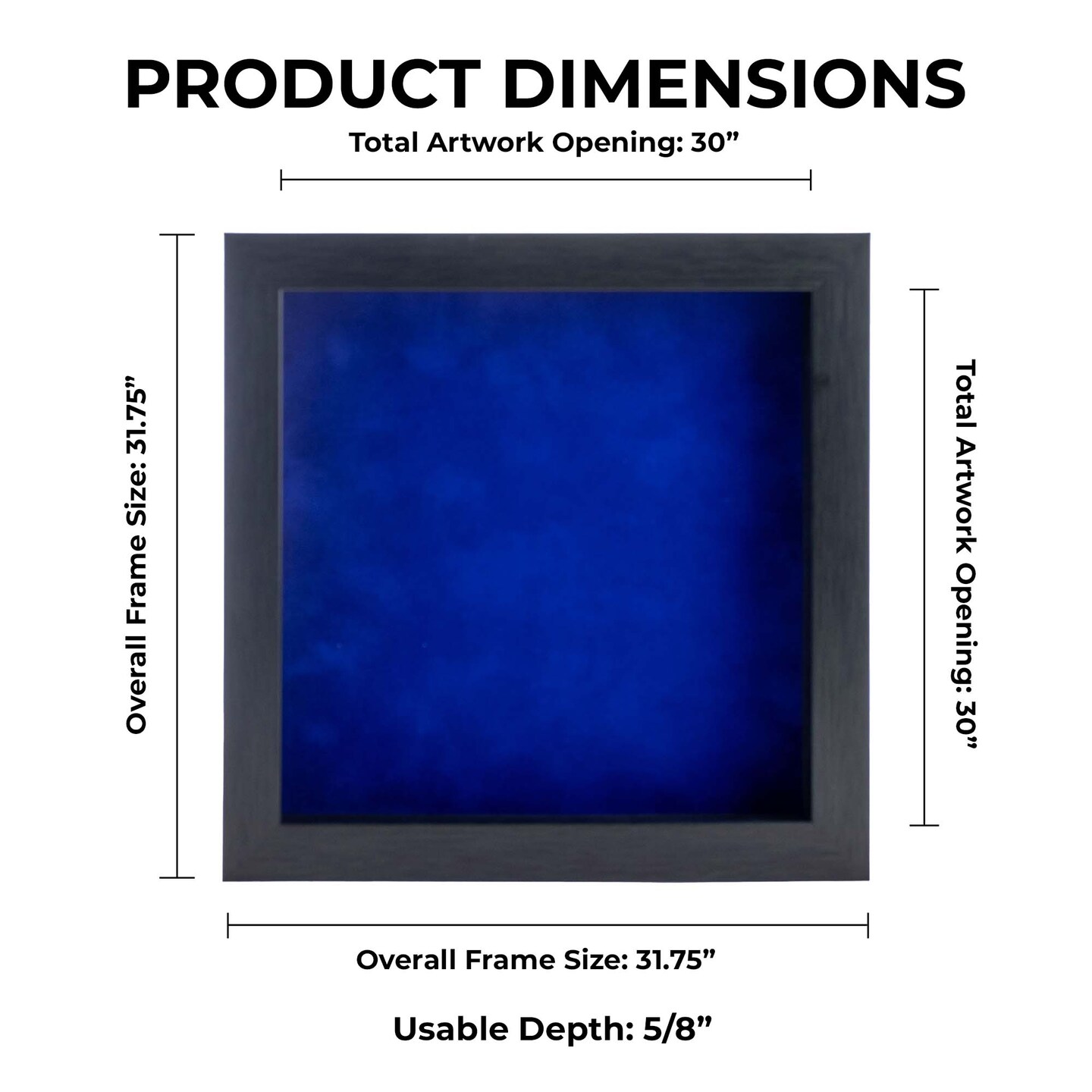 Elegant Charcoal Wood Shadow Box Frame with Acrylic Front - Royal Blue Suede Backing, 30 Sizes
