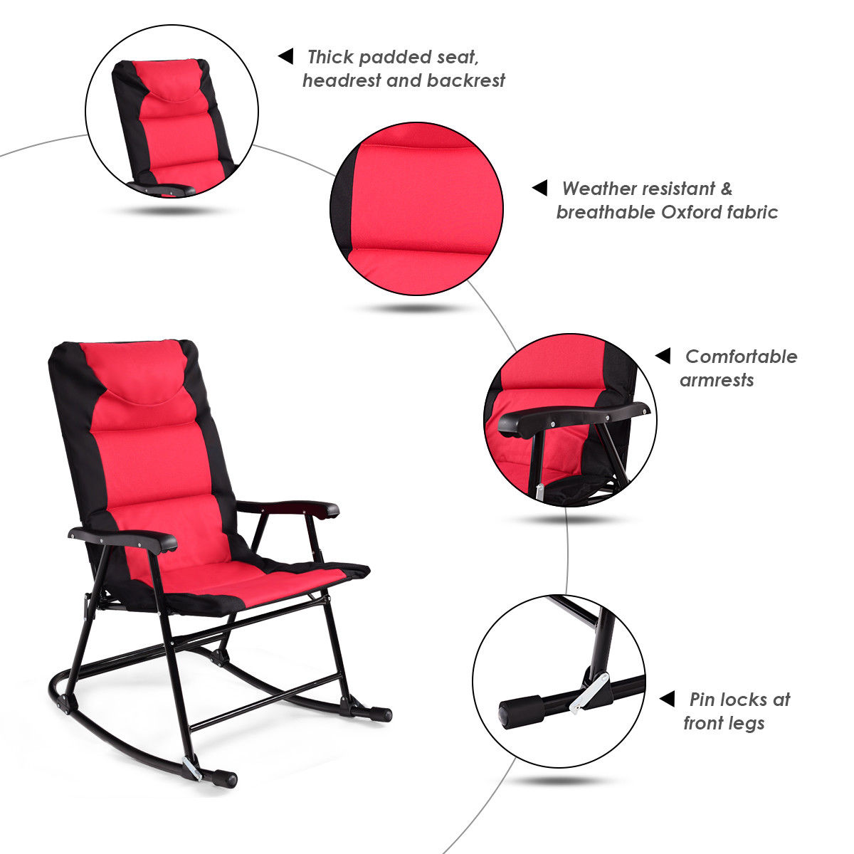 Costway 3 PCS Outdoor Folding Rocking Chair Table Set Bistro Sets Patio Furniture Red
