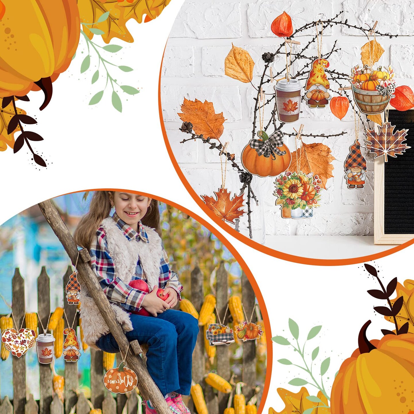 36 Pieces Fall Tree Decorations Thanksgiving Gnomes Ornaments for Tree Wooden Hanging Ornaments Pumpkins Leaves Flowers Cutouts Autumn Decorations for Holiday Party Supply(Cute Style)