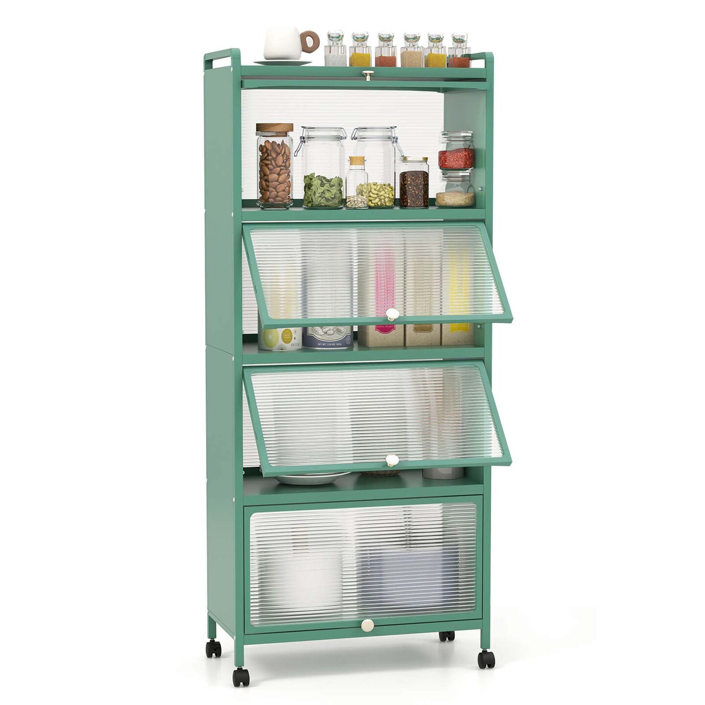 Costway 5-Tier Kitchen Baker's Rack Storage Cabinet Mobile Microwave Stand Flip-up Doors White/Black/Grey/Green