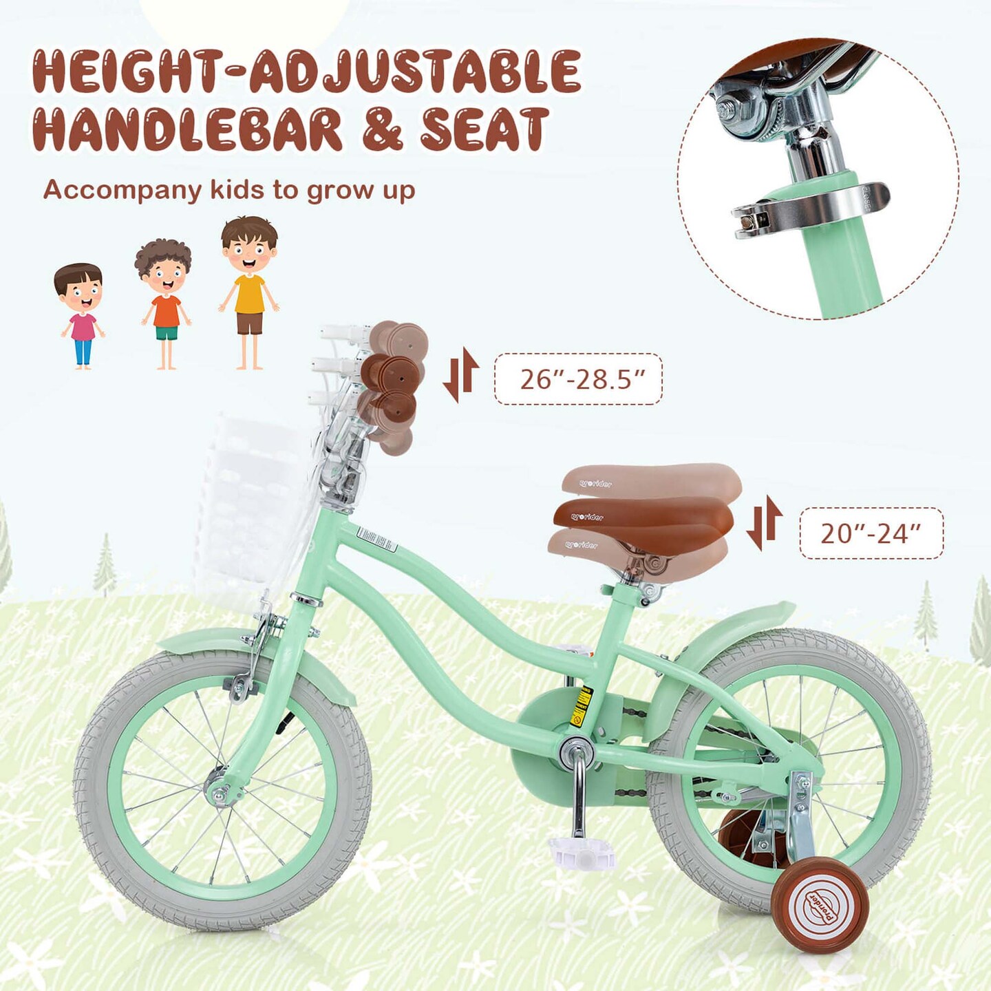 Costway 14&#x27;&#x27; Kid&#x27;s Bike with Removable Training Wheels &#x26; Basket for 3-5 Years Old Pink/Blue/Green/Beige/Purple/Light Blue
