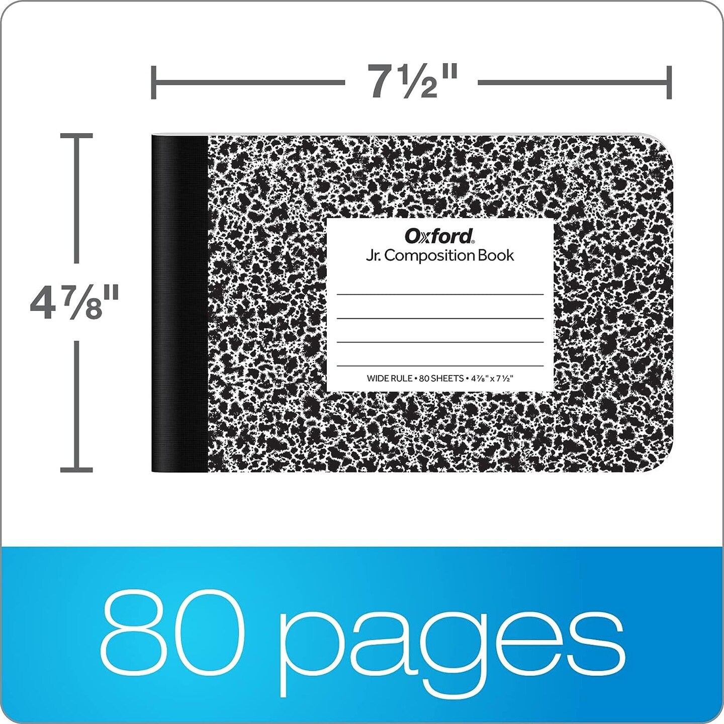 Jr. Composition Notebooks, Half Size, 4-7/8 X 7-1/2 Inches, Wide Ruled Paper, 80 Sheets, Black Marble Covers, 6 Pack (63773)