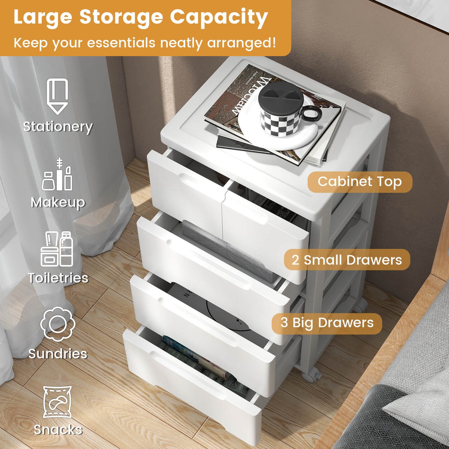 Costway 1/2 PCS 5-Drawer Plastic Rolling Storage Cart with 4 Universal Wheels Dresser Cabinet