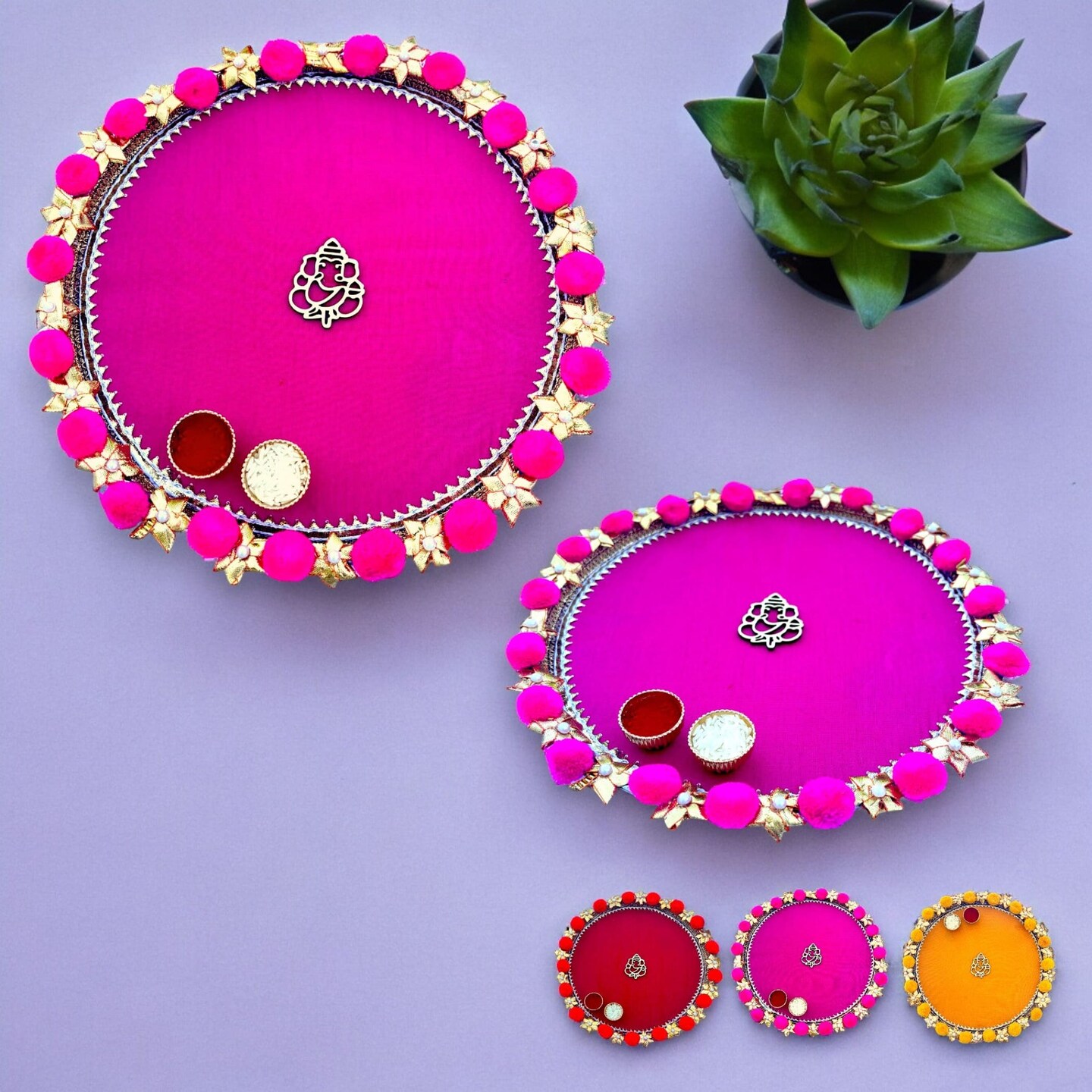Steel Pompom Ganesha Decorated Pooja Thali Handmade Aarti Rituals Platter Festival Haldi Kumkum Thali Puja Teej Diwali Wedding Engagement Plate Decorations - Housewarming Gift