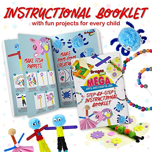 1000+ Piece Set Mega Kids Crafts and Art Supplies Jar Kit  - Instructional Booklet Included - Glitter Glue, Construction Paper, Colored Popsicle Sticks, Googly Eyes, Pipe Cleaners