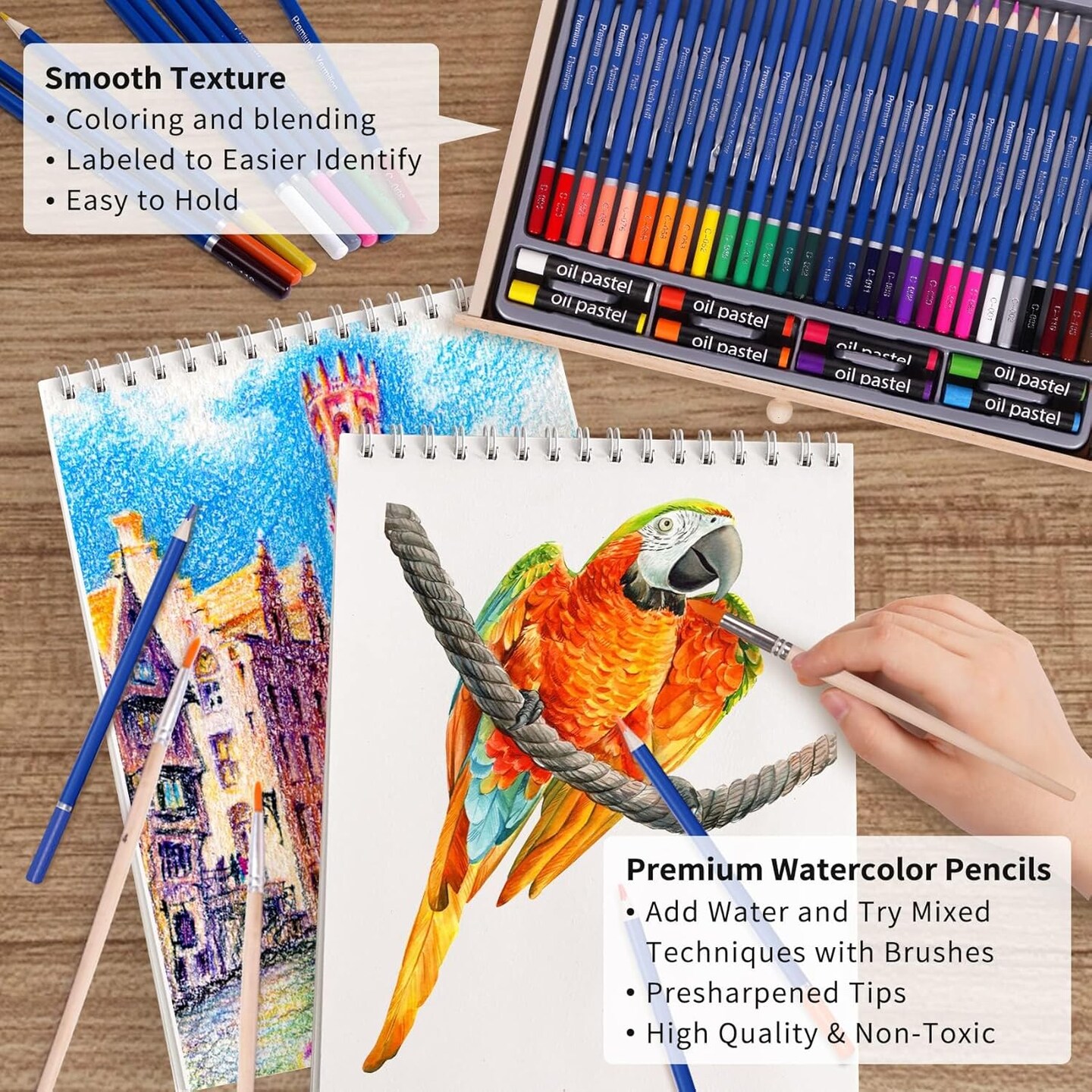Painting and drawing set professionally, this 85-piece art set includes a built-in wooden easel, two drawing pads, and art supplies in a portable wooden case.