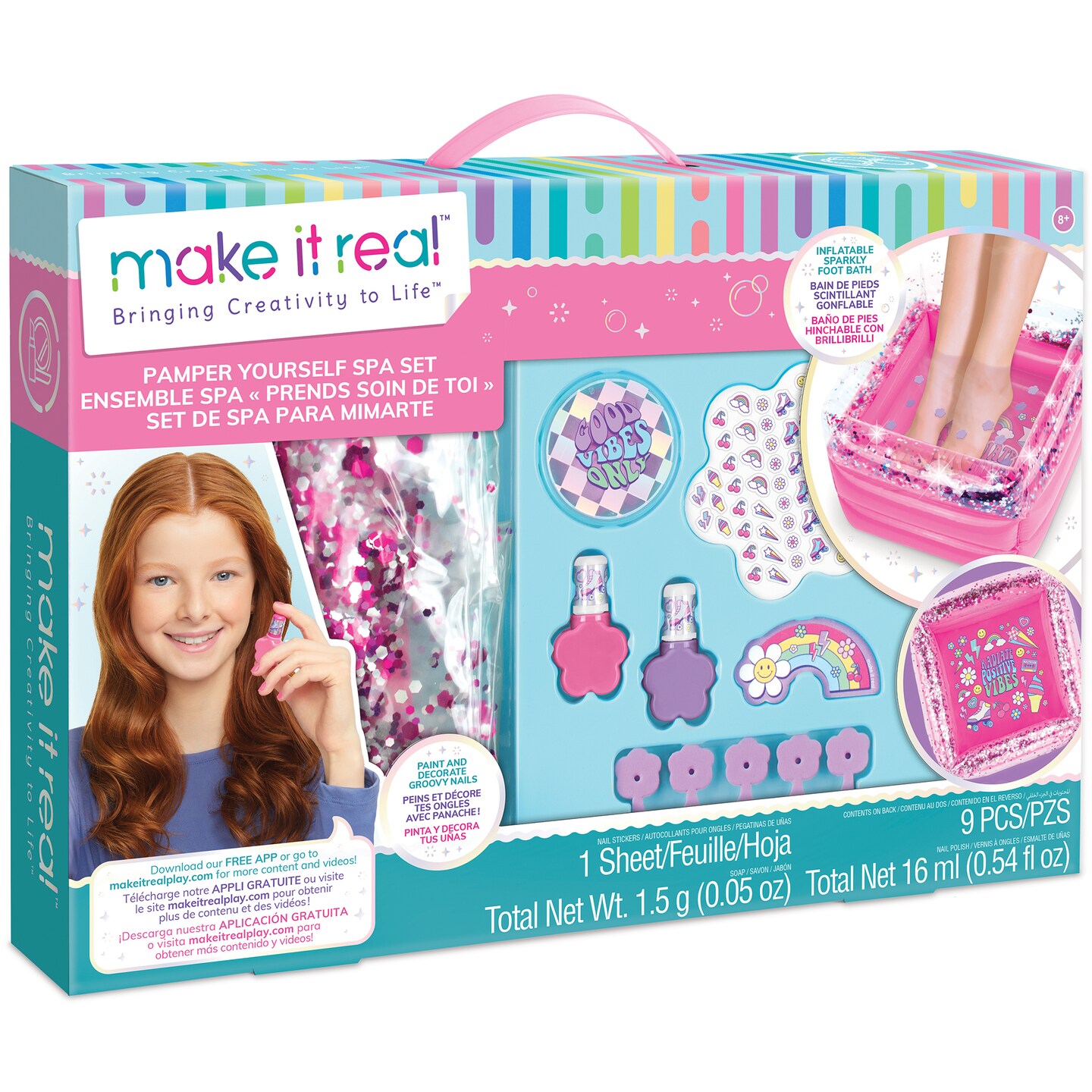 Make It Real: Pamper Yourself Spa Set - 9 pcs, Inflatable Sparkly Foot Bath & Accessories, Nail Polish & Art, Tweens, Girls & Kids Ages 8+