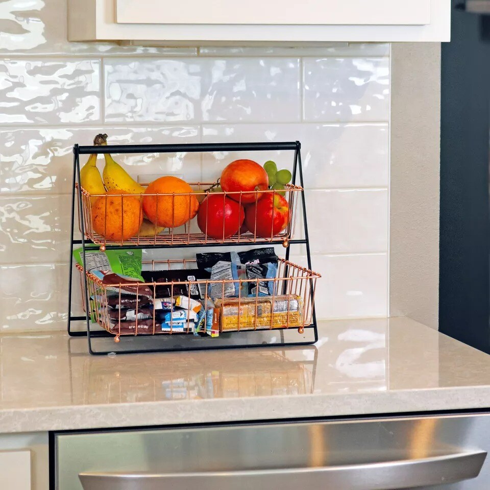 2-Tier Wire Storage Basket with Handle for Countertop - Copper