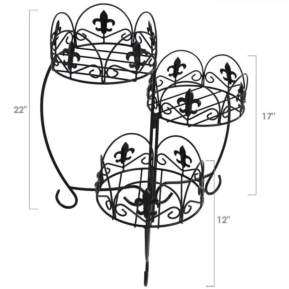 Black Iron French Lily 3-Tiered Plant Stand - 22 in - Set of 2