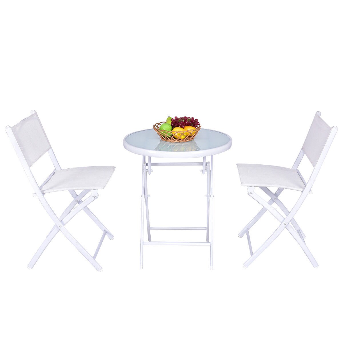 Costway 3 PCS Folding Bistro Table Chairs Set Garden Backyard Patio Furniture White