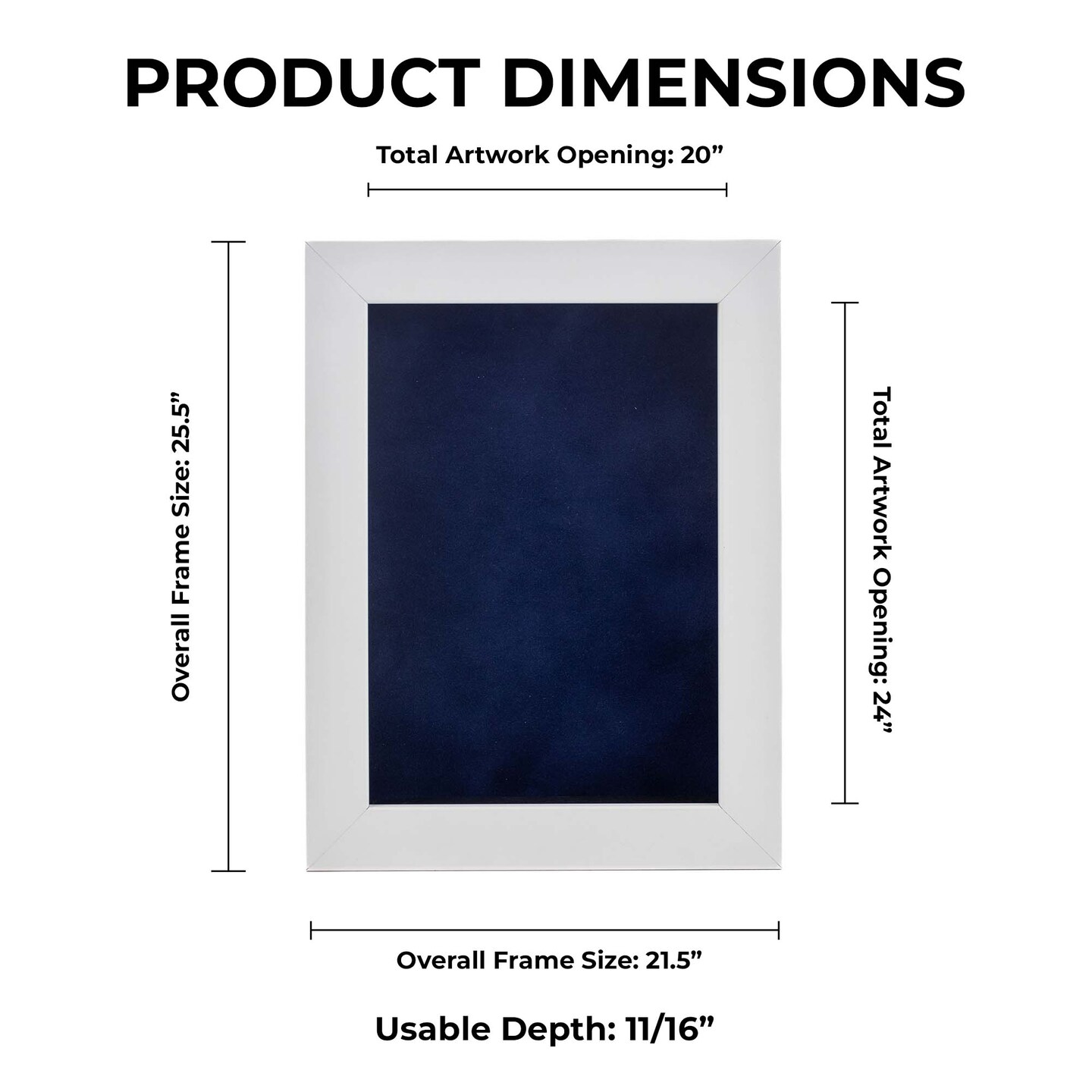 Classic White Wood Shadown Box Frame with Acrylic Front - Navy Blue Suede Backing, 30 Sizes