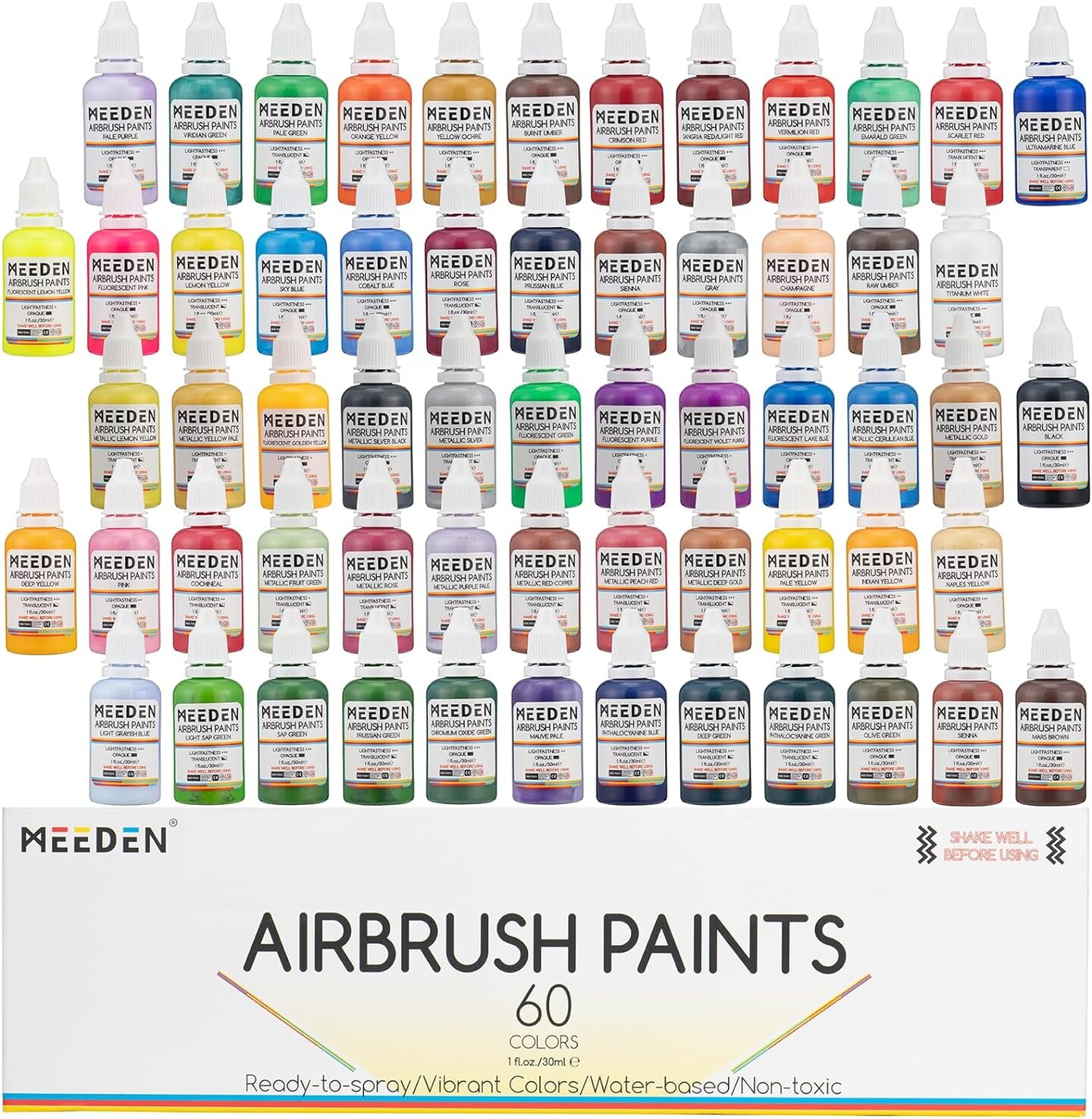 MEEDEN Acrylic Airbrush Paint for Model: 60 Colors x 30ml/1oz Air Brush Spray Paint Set Including Fluorescent and Metallic Colors