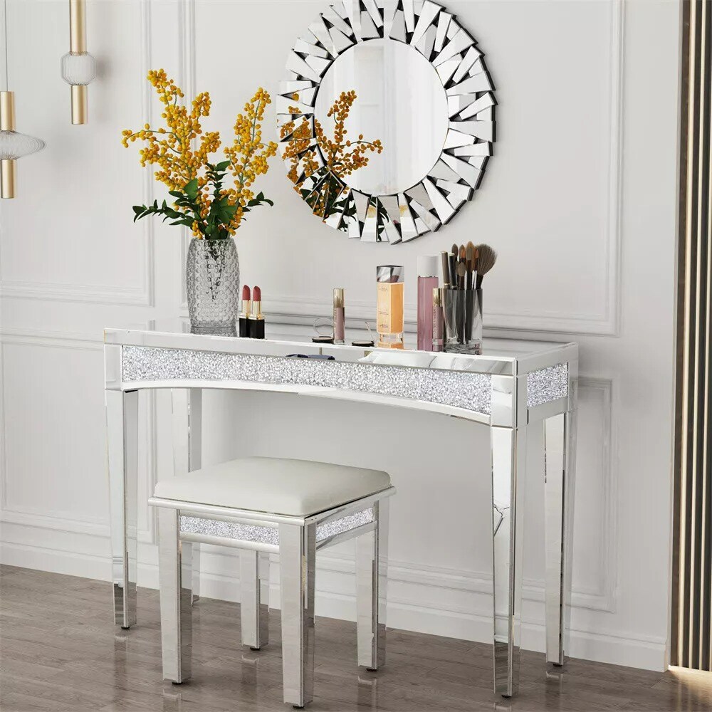 Heavy Duty Mirrored Console Table Diamond Vanity Dresser Desk Silver Glass Shelf