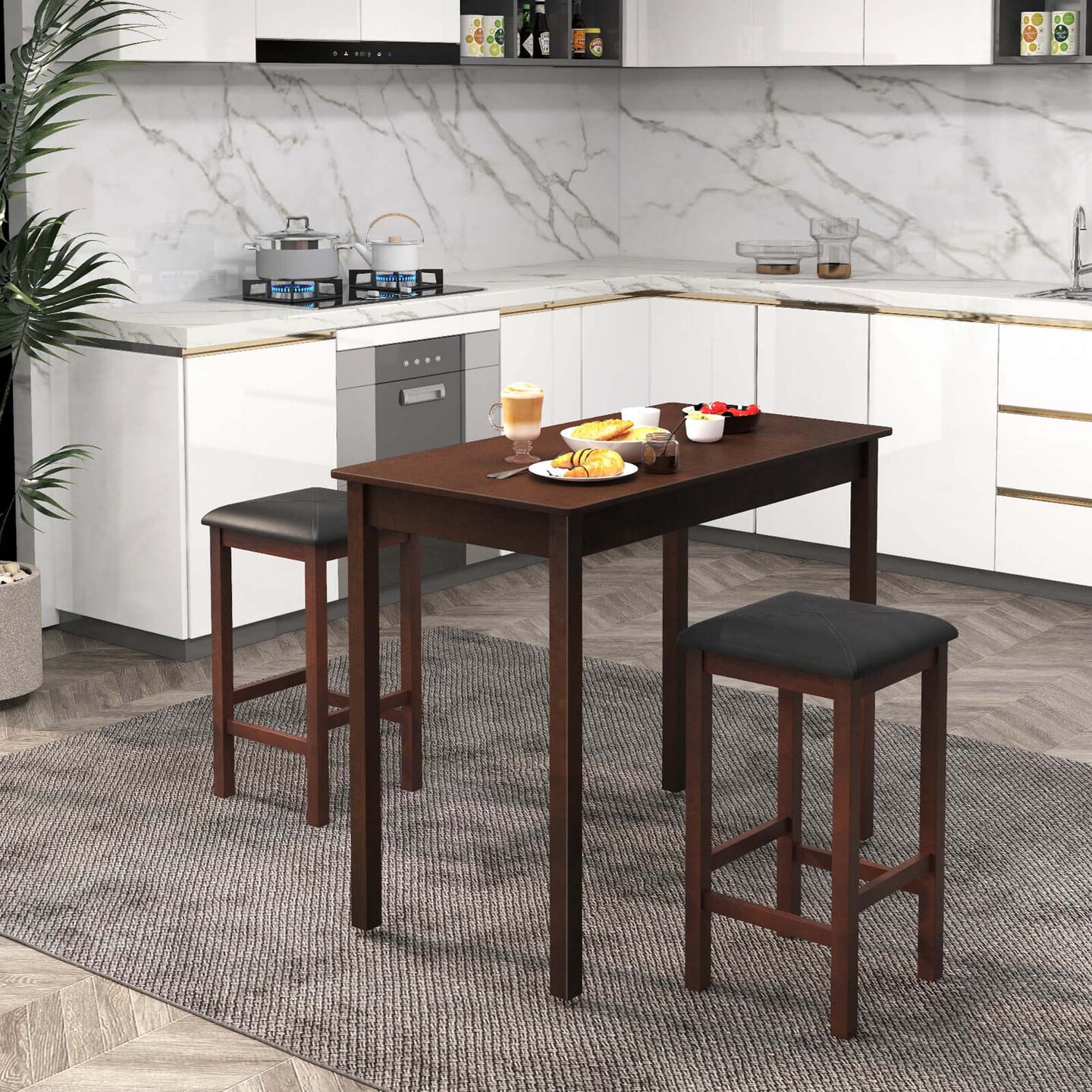 Costway 3 PCS Bar Table Set Dining Table &#x26; 2 PVC Leather Upholstered Bar Stools Rustic Brown/White