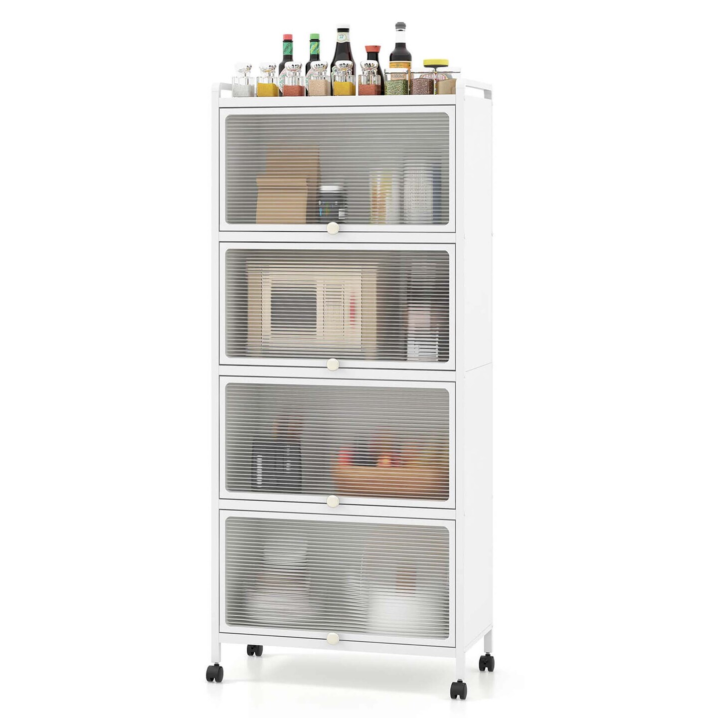 Costway 5-Tier Kitchen Baker&#x27;s Rack Storage Cabinet Mobile Microwave Stand Flip-up Doors White/Black/Grey/Green