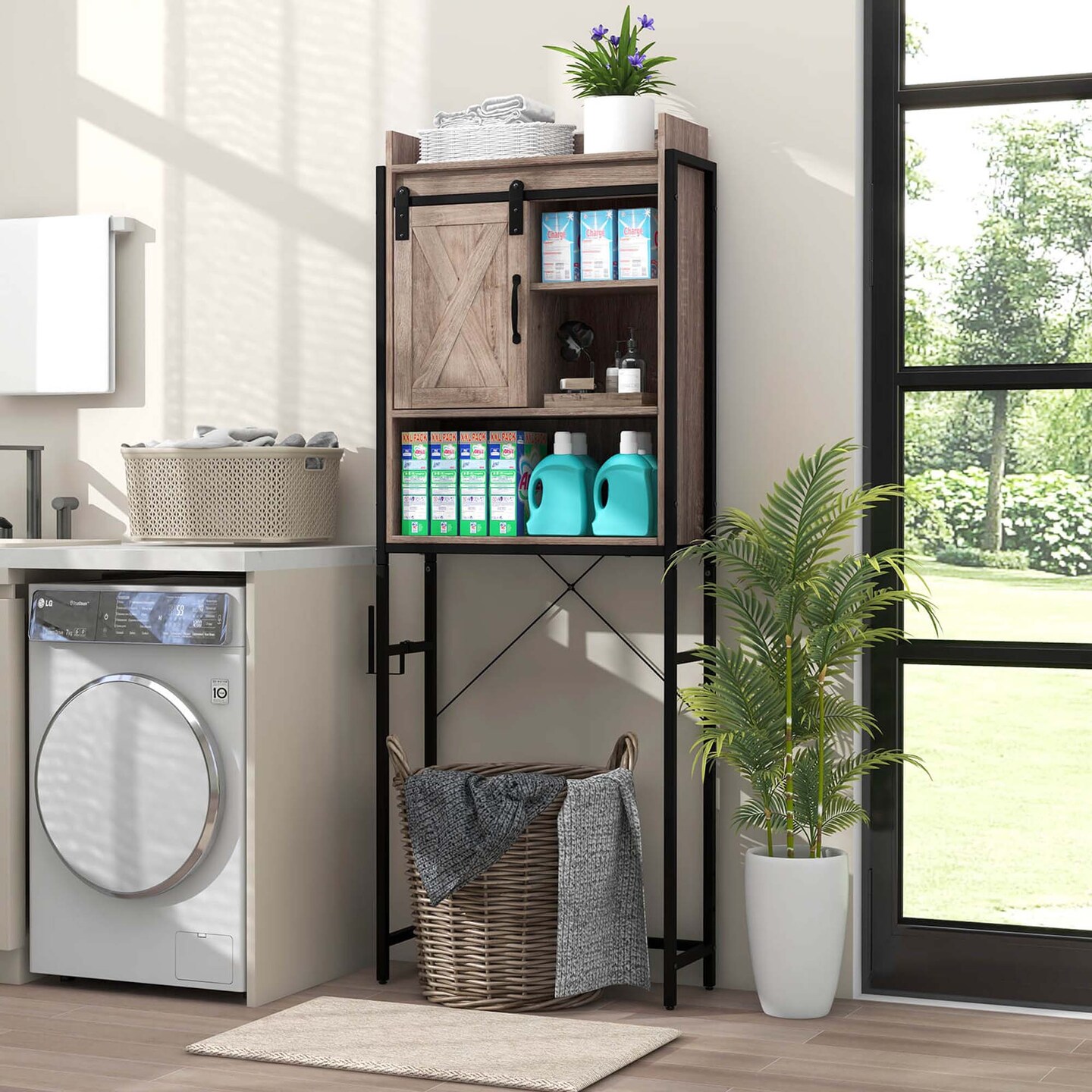 Costway Over-The-Toilet Storage Cabinet Bathroom Organizer w/ Sliding Barn Door Rustic Brown/Espresso/Grey