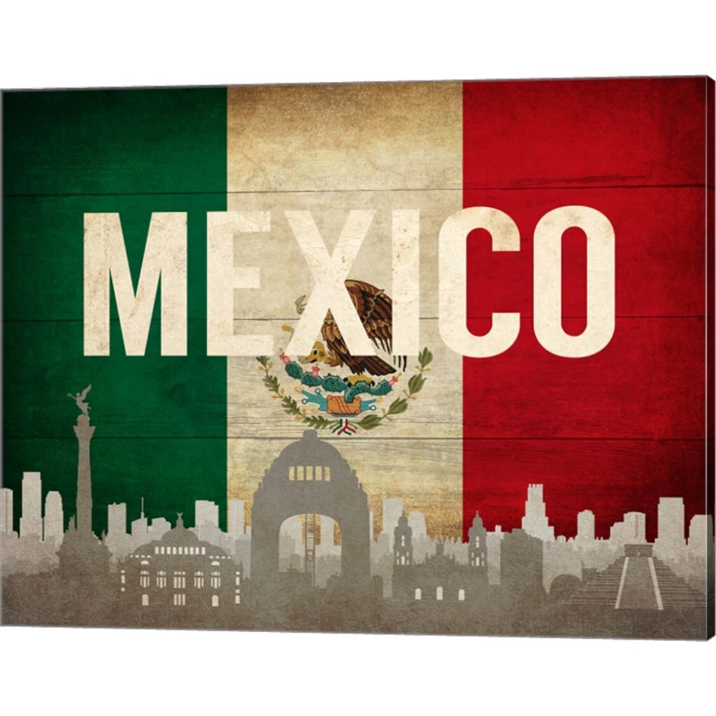 Mexico City, Mexico - Flags and Skyline by Take Me Away 20" x 16" Canvas Wall Art