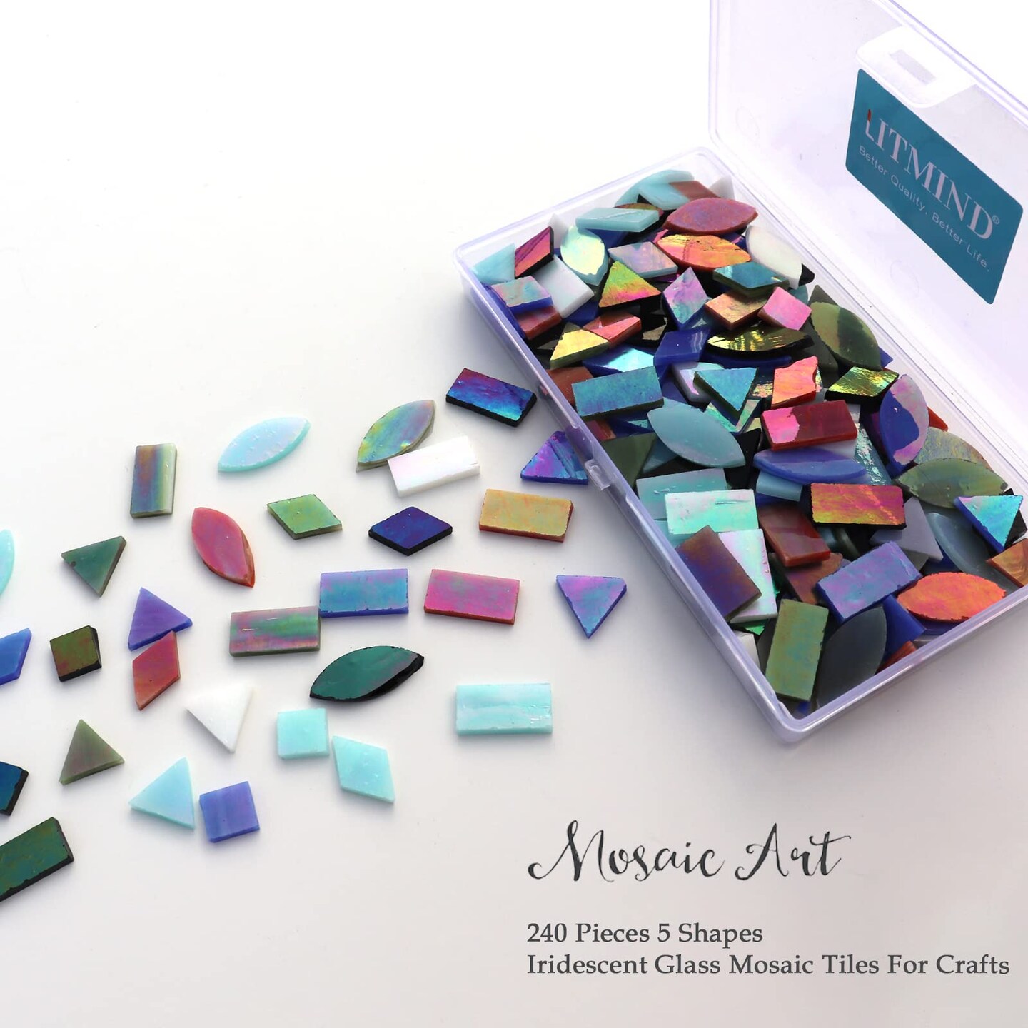 240 Pieces Iridescent Glass Mosaic Tiles for Crafts,  5 Shapes Mixed Stained Glass Sheets, Mosaic Kits for Adults (Iridescent Mix)