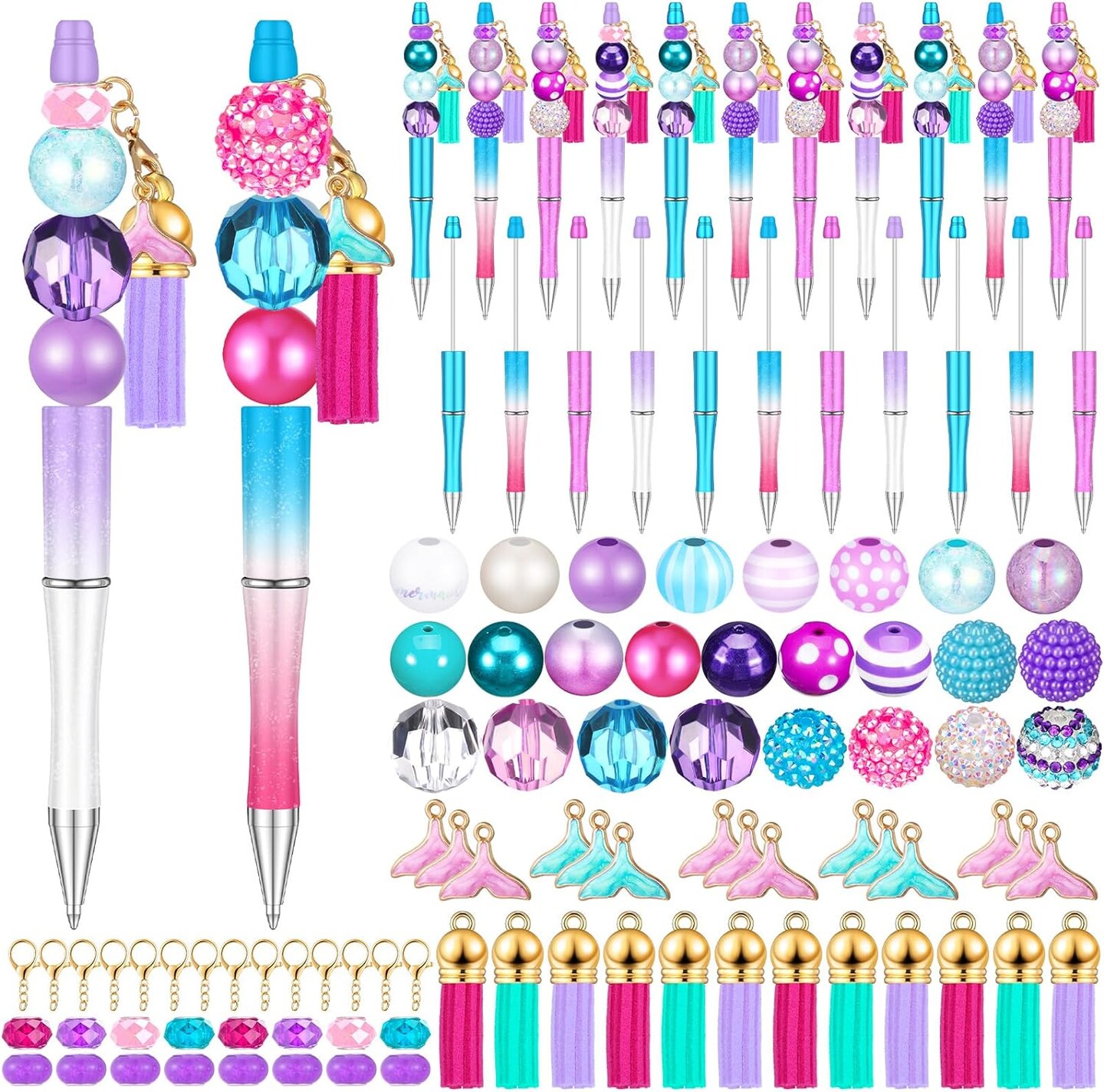 24 Sets Mermaid Beadable Pens Kit with Multicolor Beads, Black Ink, for DIY Ballpoint Pens