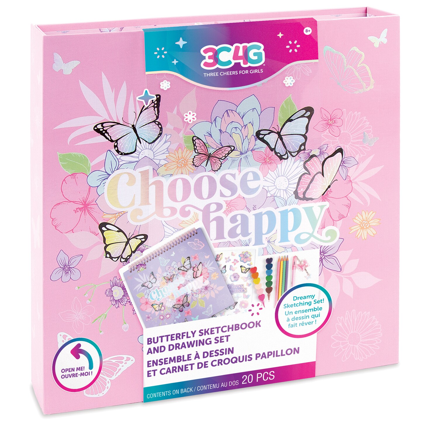 3C4G: Butterfly Sketchbook &#x26; Drawing Set - 20 Piece Set, Art Kit, Make It Real, Tweens &#x26; Girls, Contents Held In Butterfly Storage Box, Playful Art Supplies, Three Cheers For Girls, Ages 8+