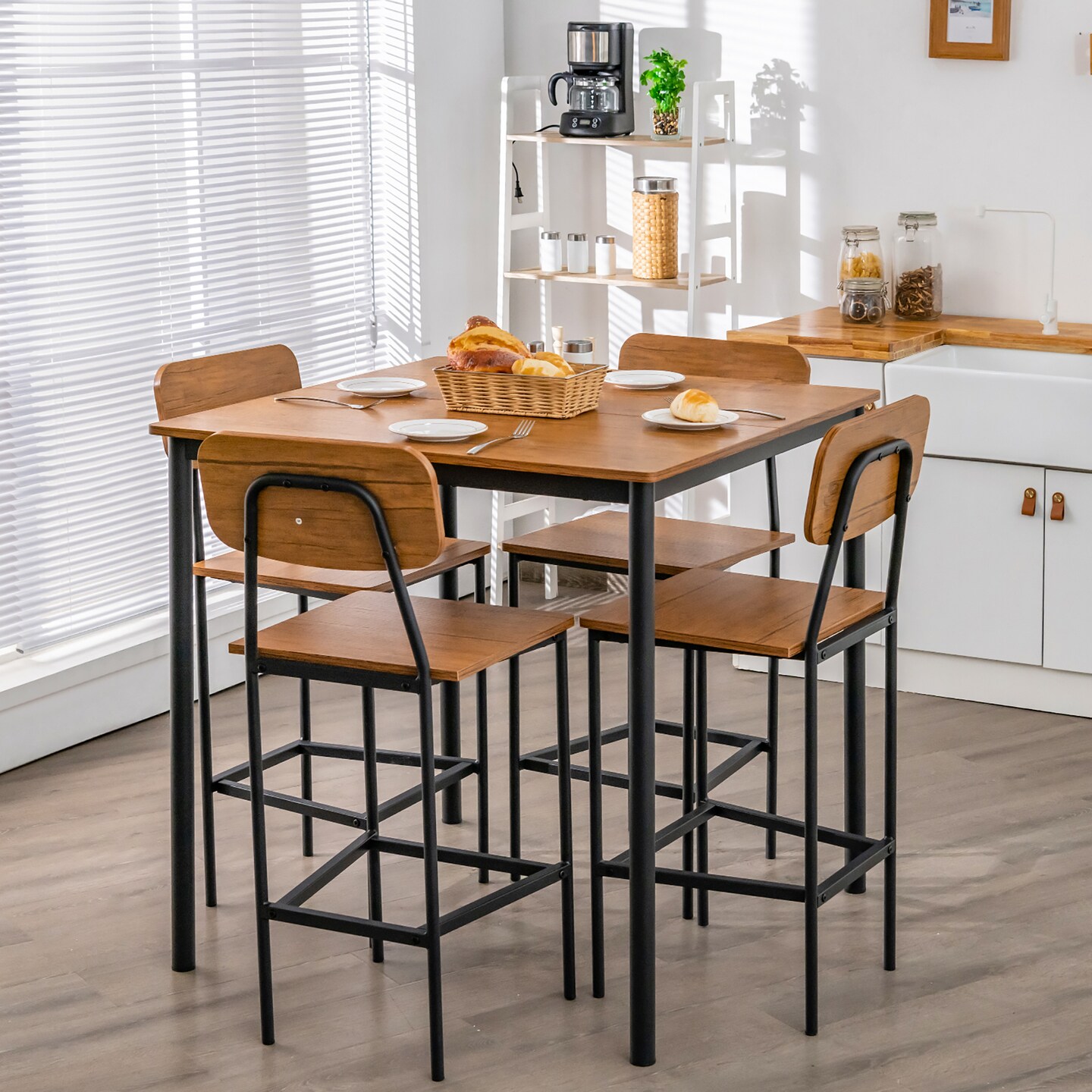 Costway 5-Piece Industrial Dining Table Set with Counter Height Table &#x26; 4 Bar Stools Black/Grey/Walnut