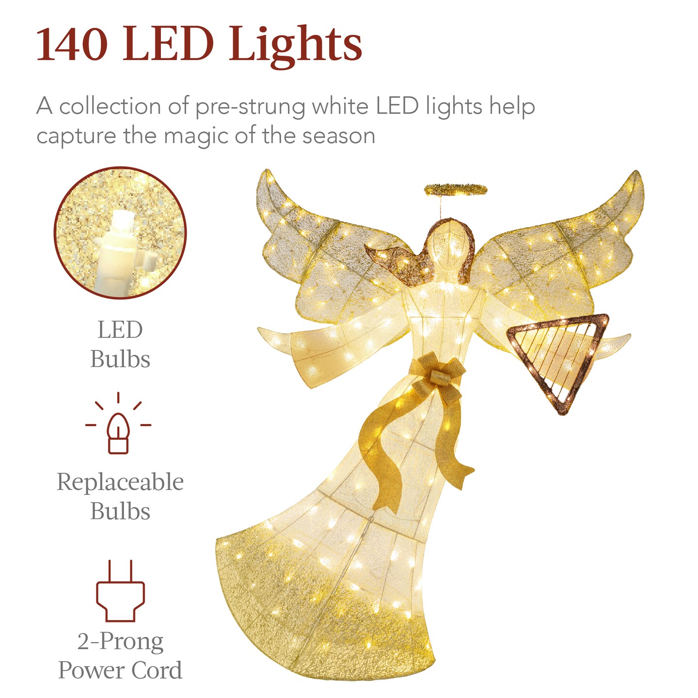 Best Choice Products 5ft Lighted Outdoor Angel Christmas Decoration for Lawn w/ 140 LED Lights, Harp, Bow, Ground Stakes