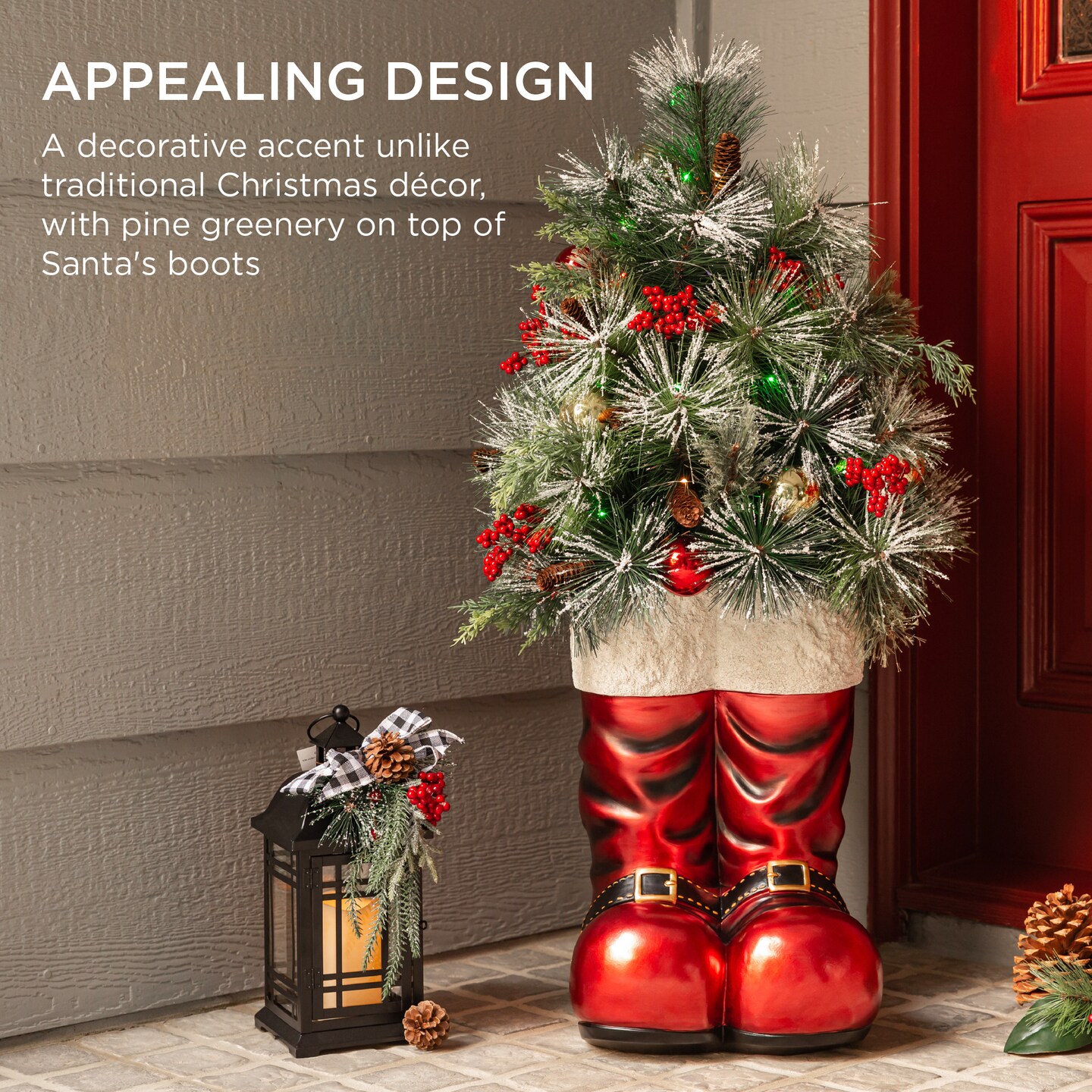 Best Choice Products 40in Santa Boots Decoration w/ Pre-Decorated Christmas Greenery, Battery-Operated Lights