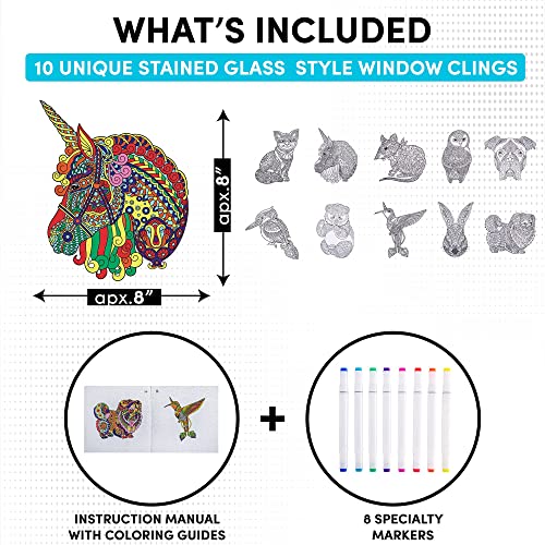 10 Sun catchers Stained Glass Mandala Art Kit - Animal DIY Window Clings with Markers, Perfect Hobby for Adults, Kids, Teens & Seniors - Ideal Gift for Beginners, Women & Elderly
