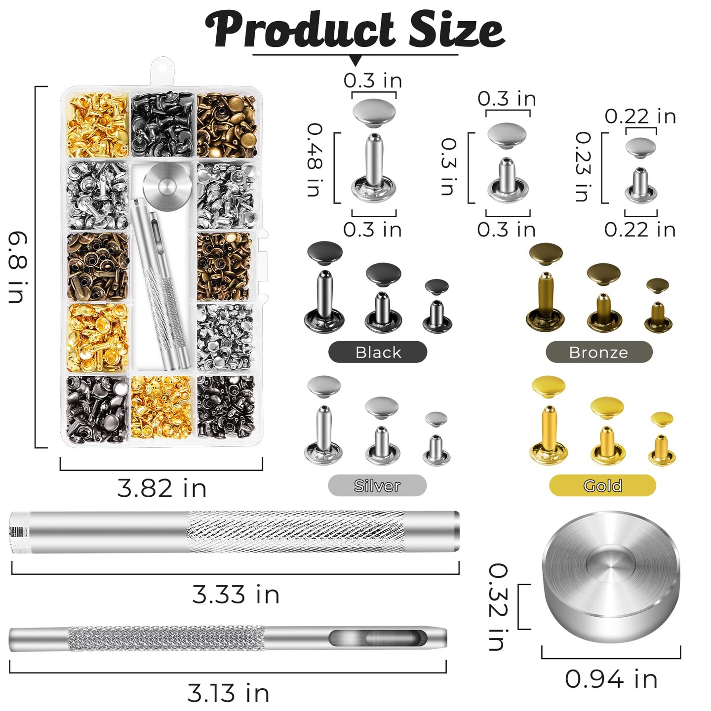420 Set Leather Rivets Kit, Double Cap Brass Rivets Leather Studs with 3PCS Setting Tools for Leather Repair and Crafts, 4 Colors and 3 Sizes