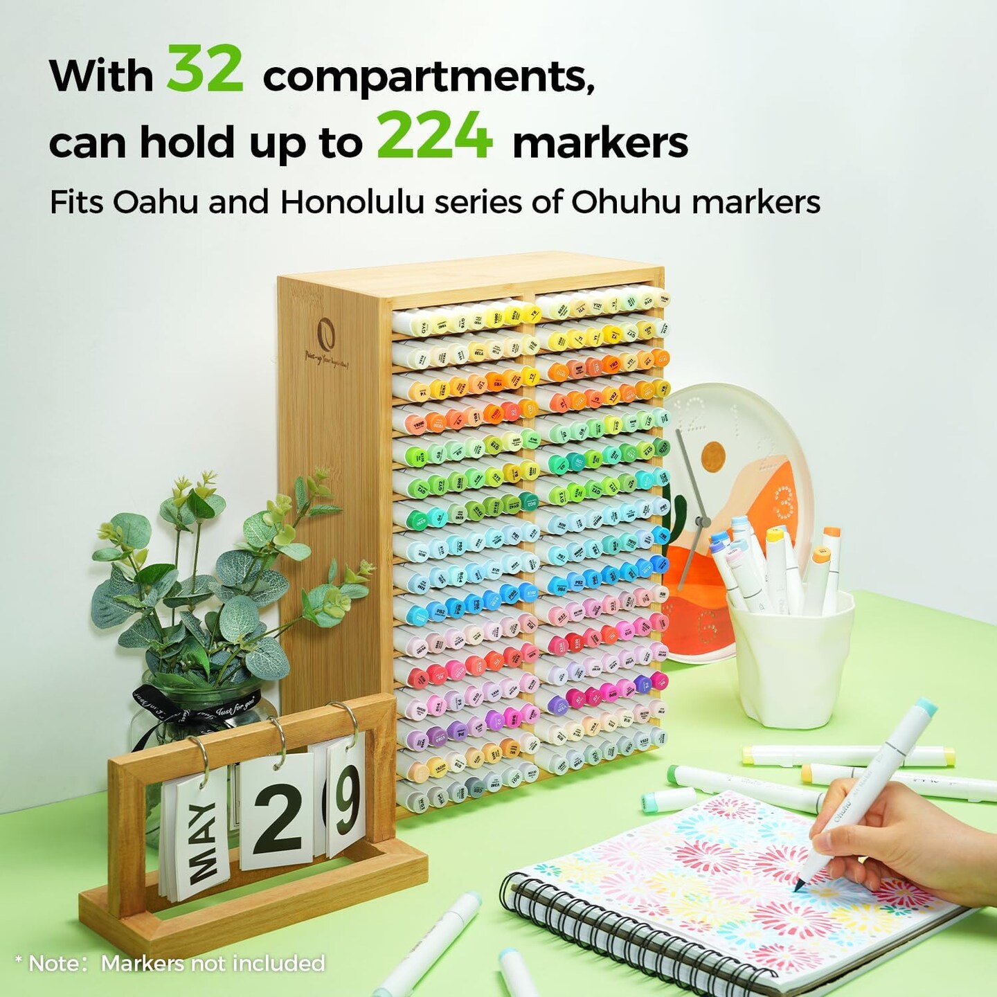 Ohuhu Bamboo Marker Organizer, Wooden Desktop Storage Hold 126/224 Markers, Markers Pens Pencils Art Brushes Stationary Organizer Pencil Holder with 18/32 Compartments for Home Classroom Office Decor