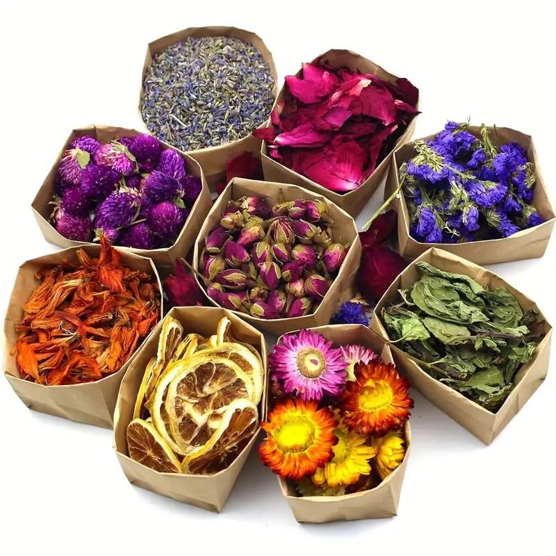 9 Bags Set Dried Flowers - Candle Making Soap Making DIY Candel Natural Flowers-Lemon,Lily,Don&#x27;t Forget Me,Lavender,Mint Leaf,Rose Petal, Red Rose,Globe Amaranth,Chrysanthemum.