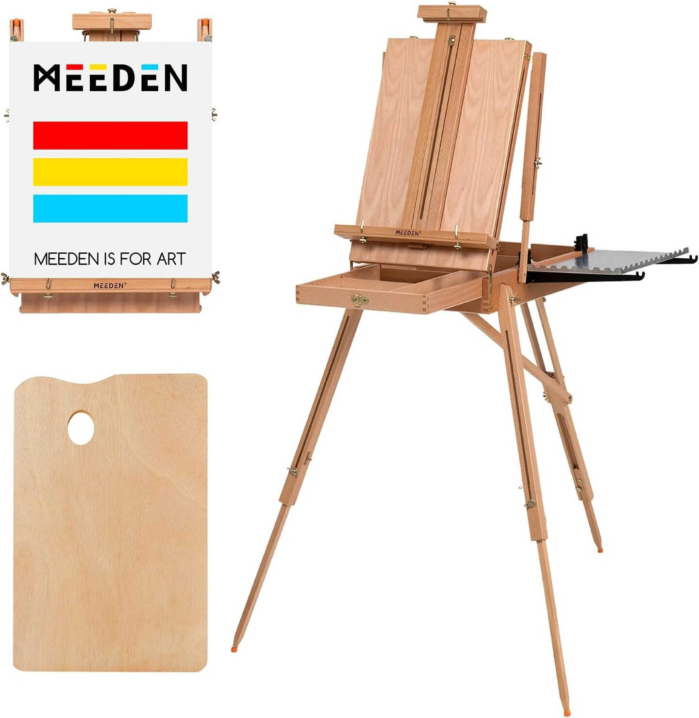 MEEDEN French Easel, Large Sketchbox Easel - Foldable Portable Beechwood Field Art Easel with Drawer, Palette &#x26; Metal Tray for Professionals, Artists &#x26; Hobbyists Painting on the Go, Hold Canvas to 34