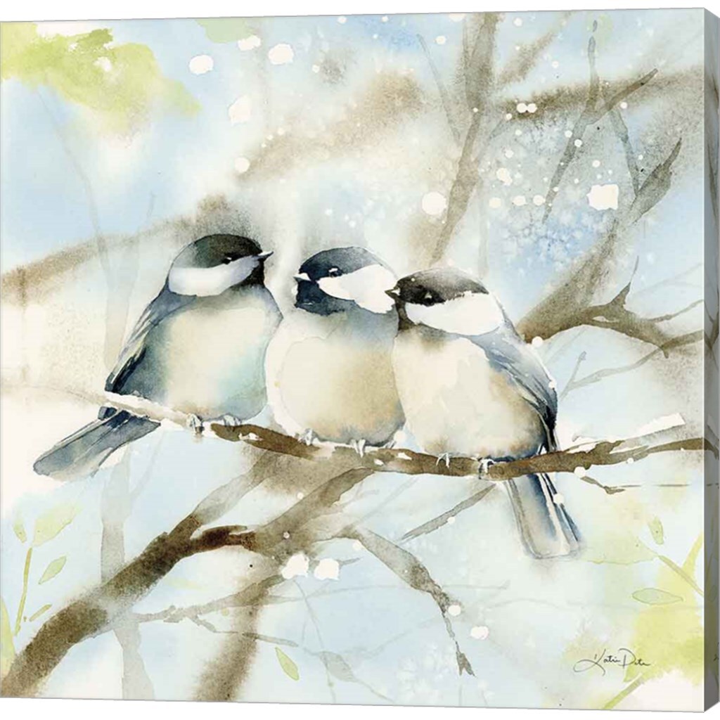 Three Chickadees in Spring Sq by Katrina Pete 12" x 12" Canvas Wall Art