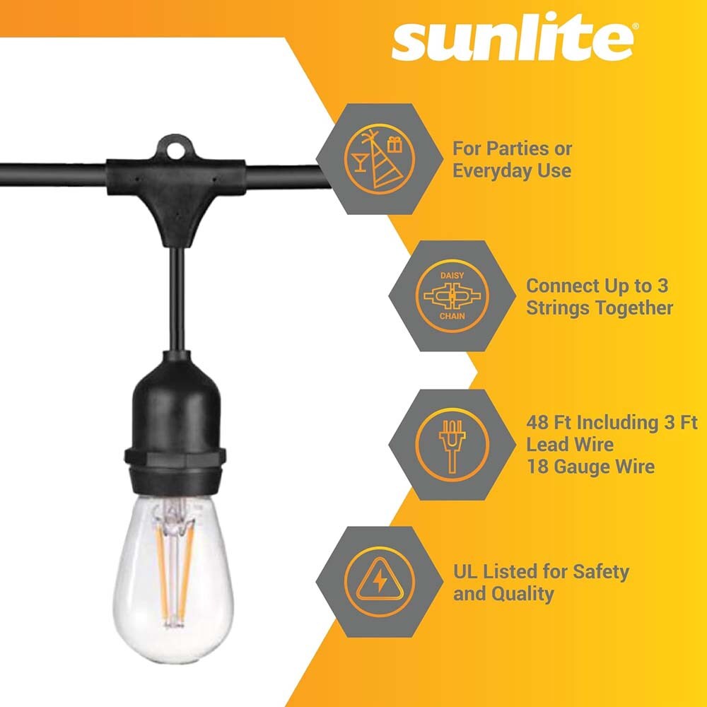 Sunlite 48ft 22.5W LED S14 Waterproof 15 Sockets 2700K Outdoor String Light Bulb